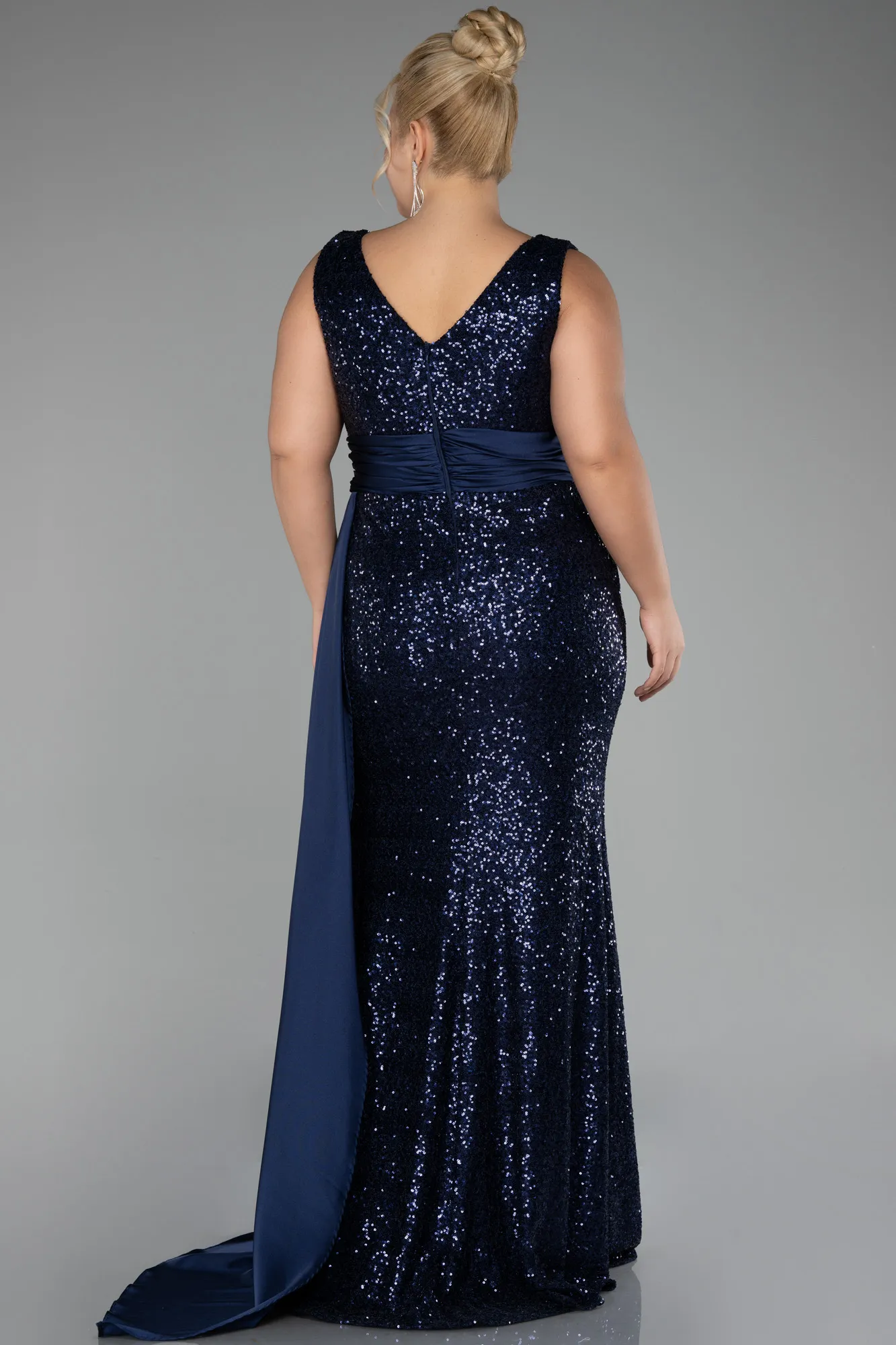 Navy Blue-Sequin Long Sleeve Chiffon Evening Dress ABU4030