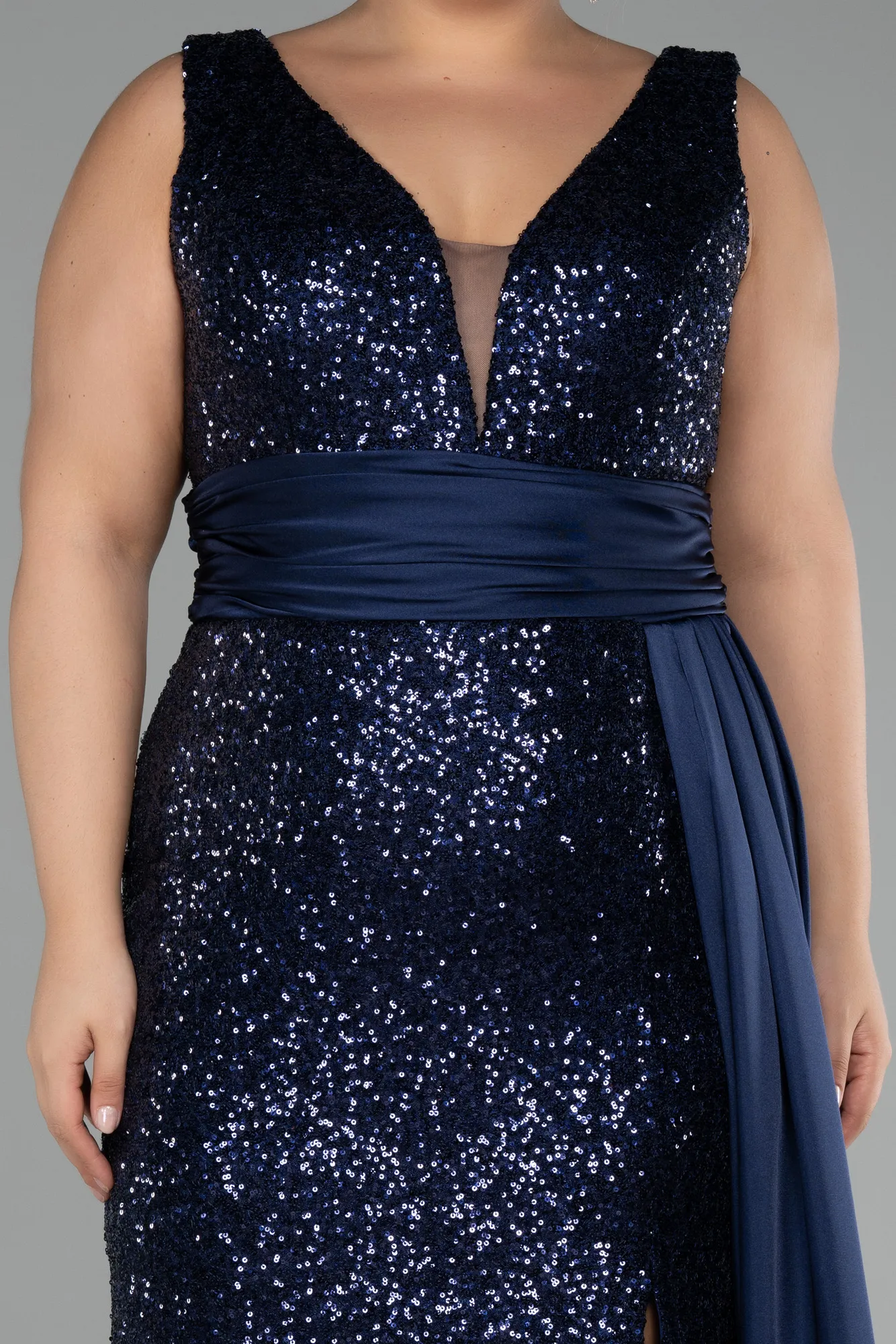 Navy Blue-Sequin Long Sleeve Chiffon Evening Dress ABU4030