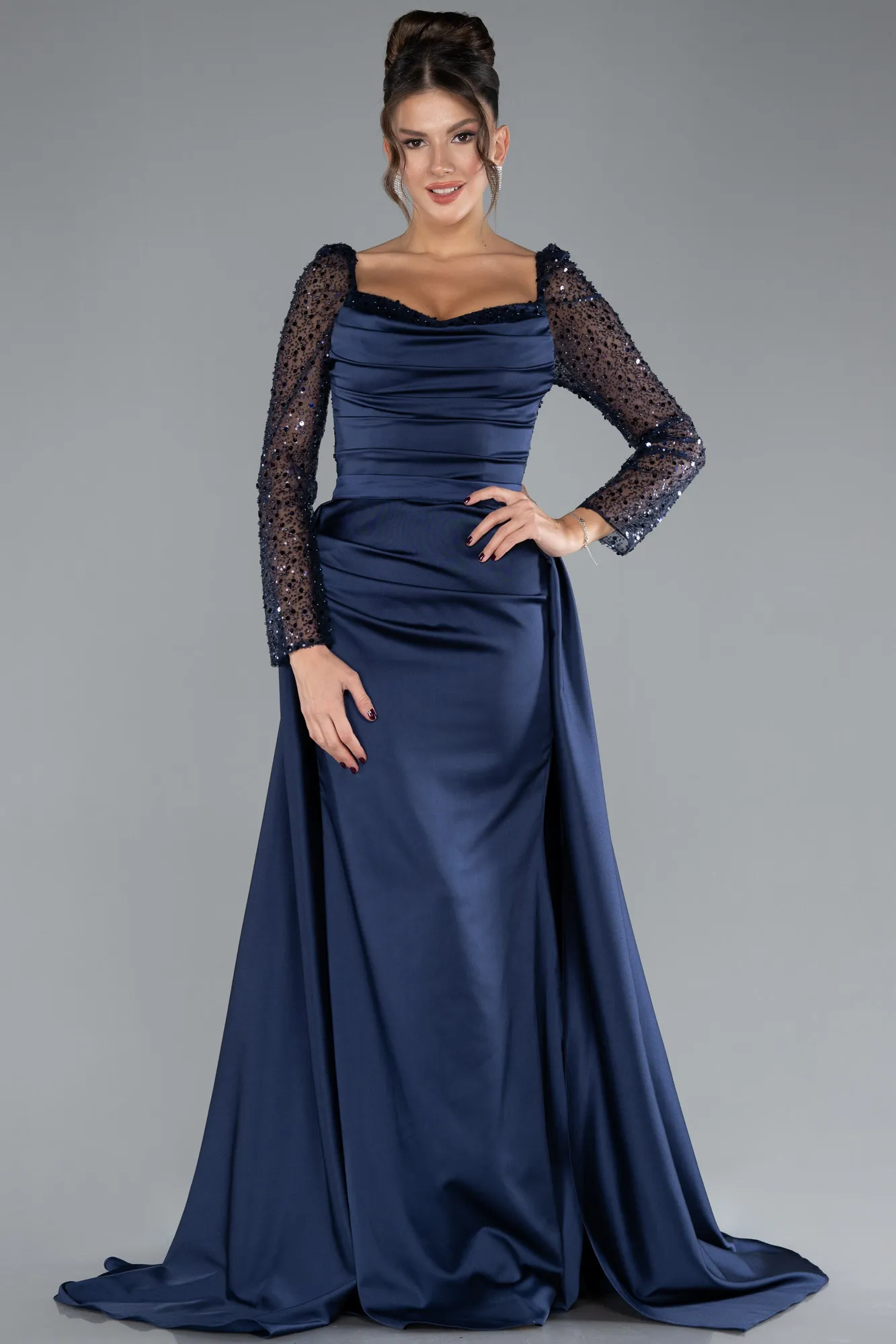 Navy Blue-Sequin Long Sleeves Tail Satin Mermaid Evening Gown ABU4332