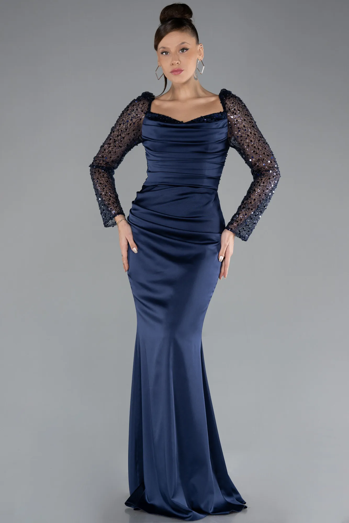 Navy Blue-Sequin Long Sleeves Tail Satin Mermaid Evening Gown ABU4332