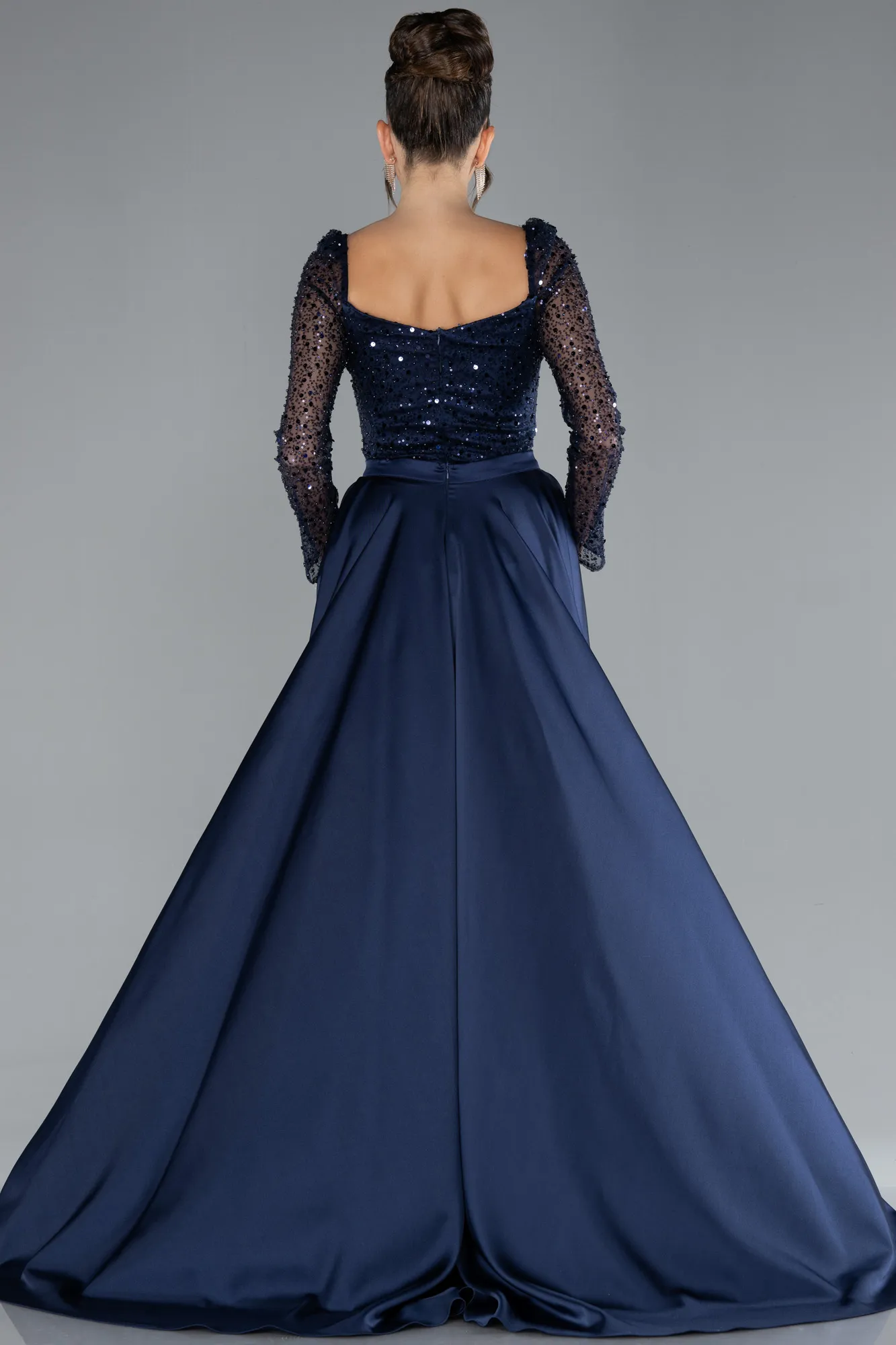 Navy Blue-Sequin Long Sleeves Tail Satin Mermaid Evening Gown ABU4332