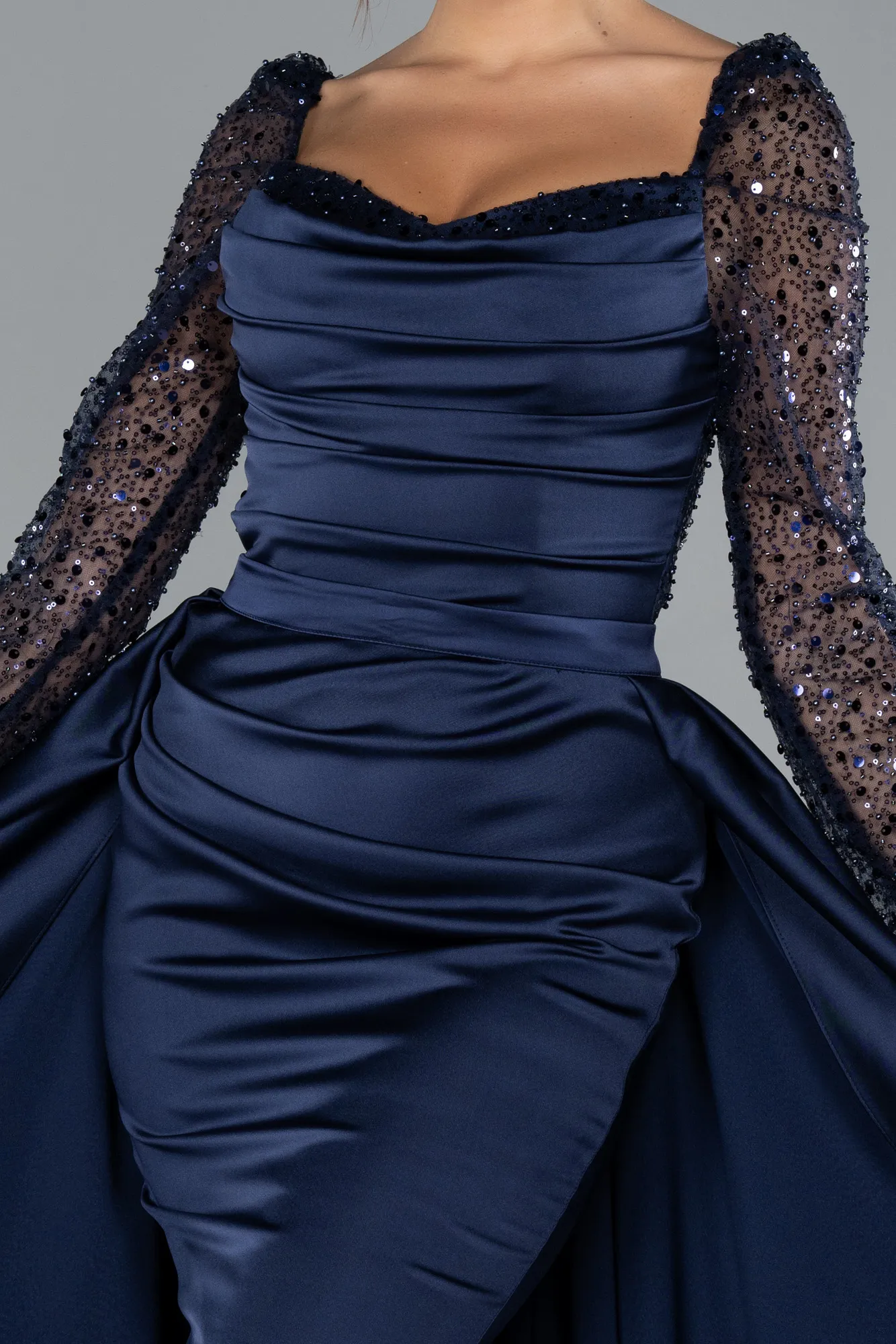 Navy Blue-Sequin Long Sleeves Tail Satin Mermaid Evening Gown ABU4332