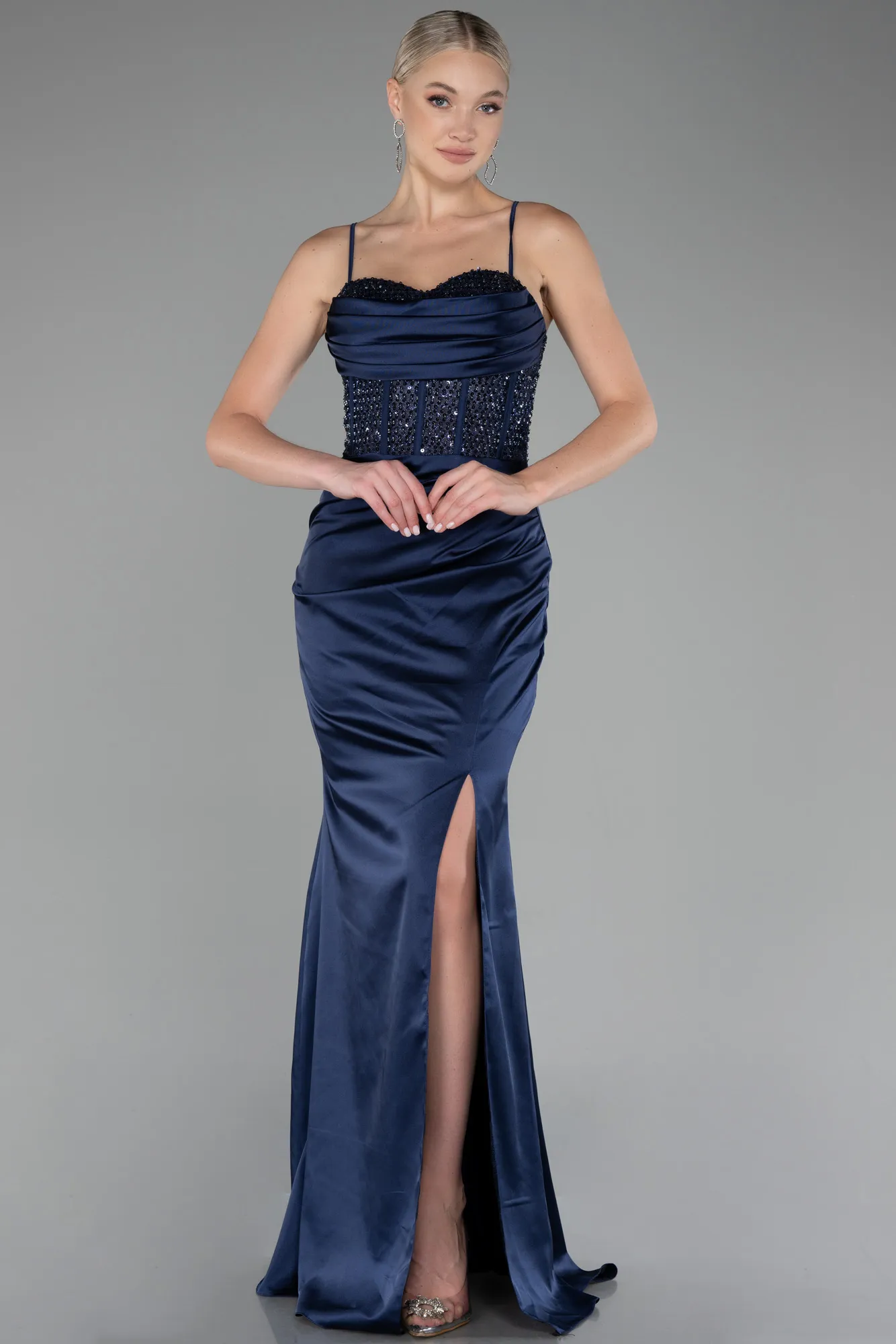 Navy Blue-Sequin Slit On Top Long Satin Evening Gown ABU4068