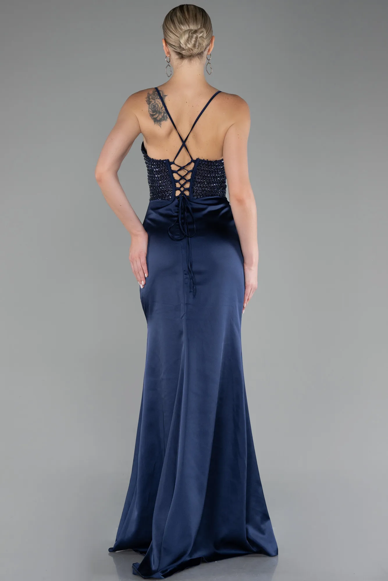 Navy Blue-Sequin Slit On Top Long Satin Evening Gown ABU4068