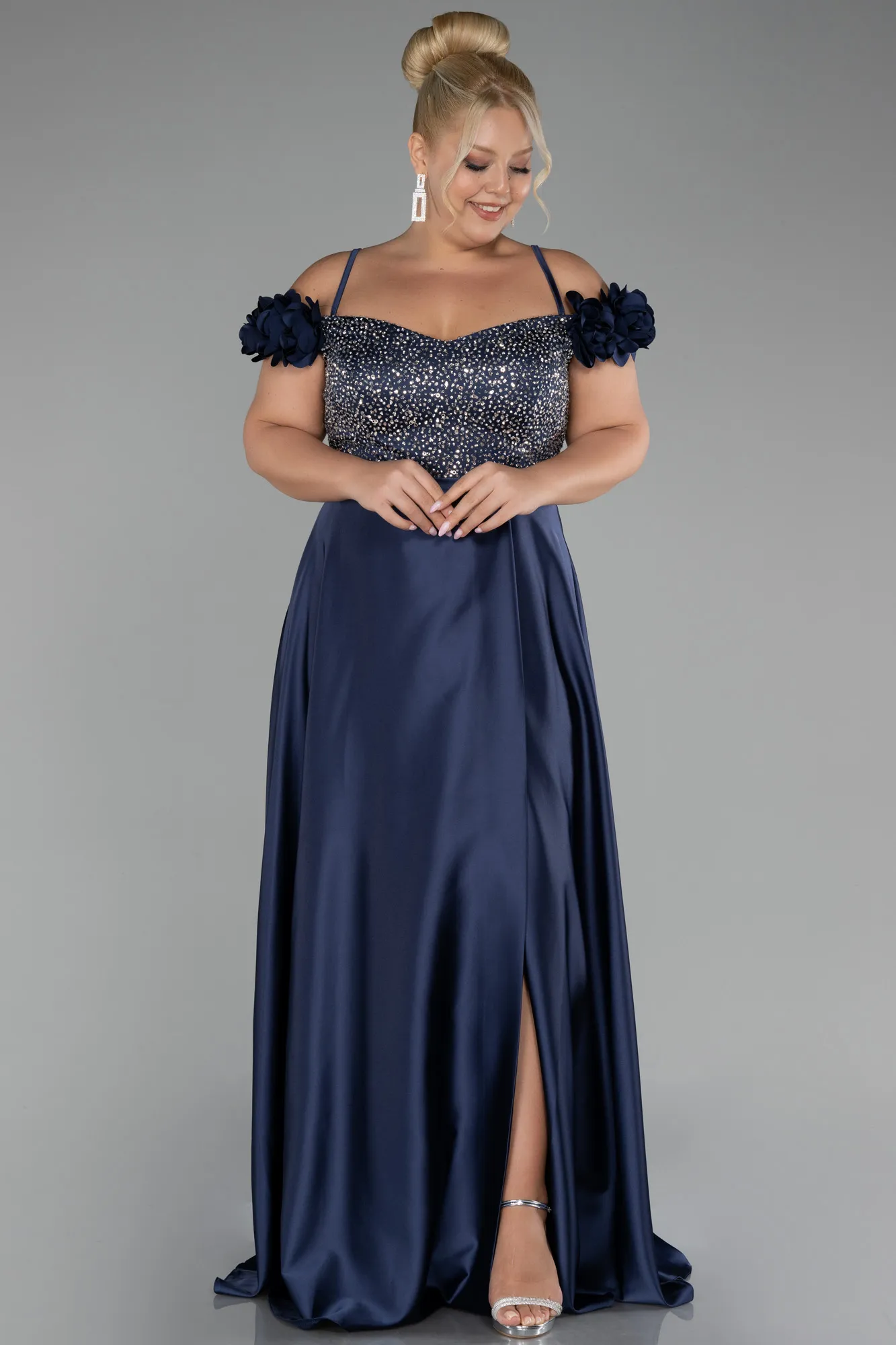 Navy Blue-Sequined Boat Neck Long Satin Plus Size Evening Gown ABU4127