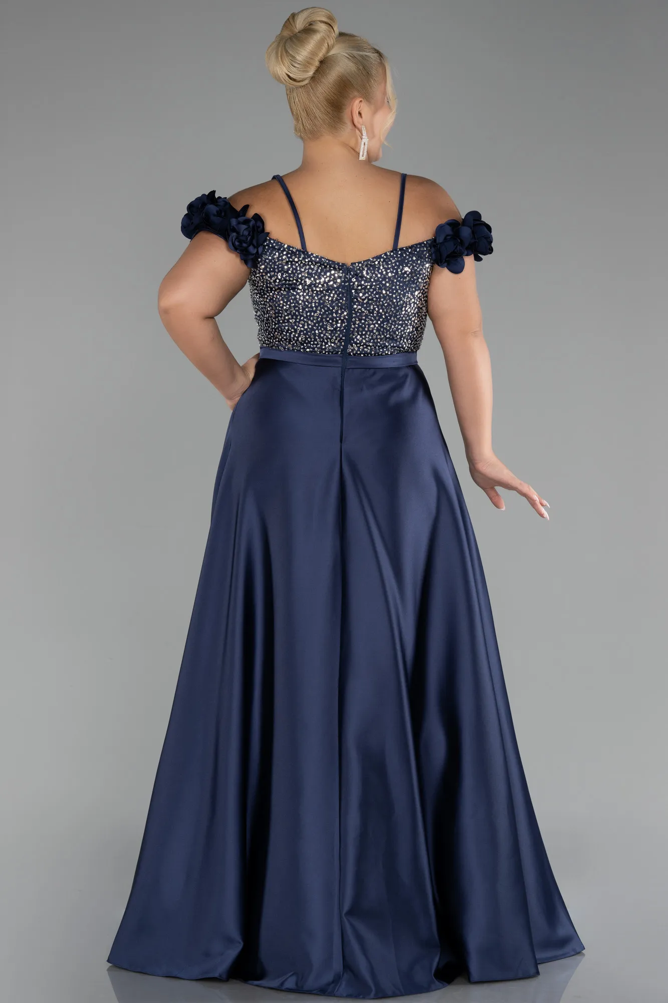 Navy Blue-Sequined Boat Neck Long Satin Plus Size Evening Gown ABU4127