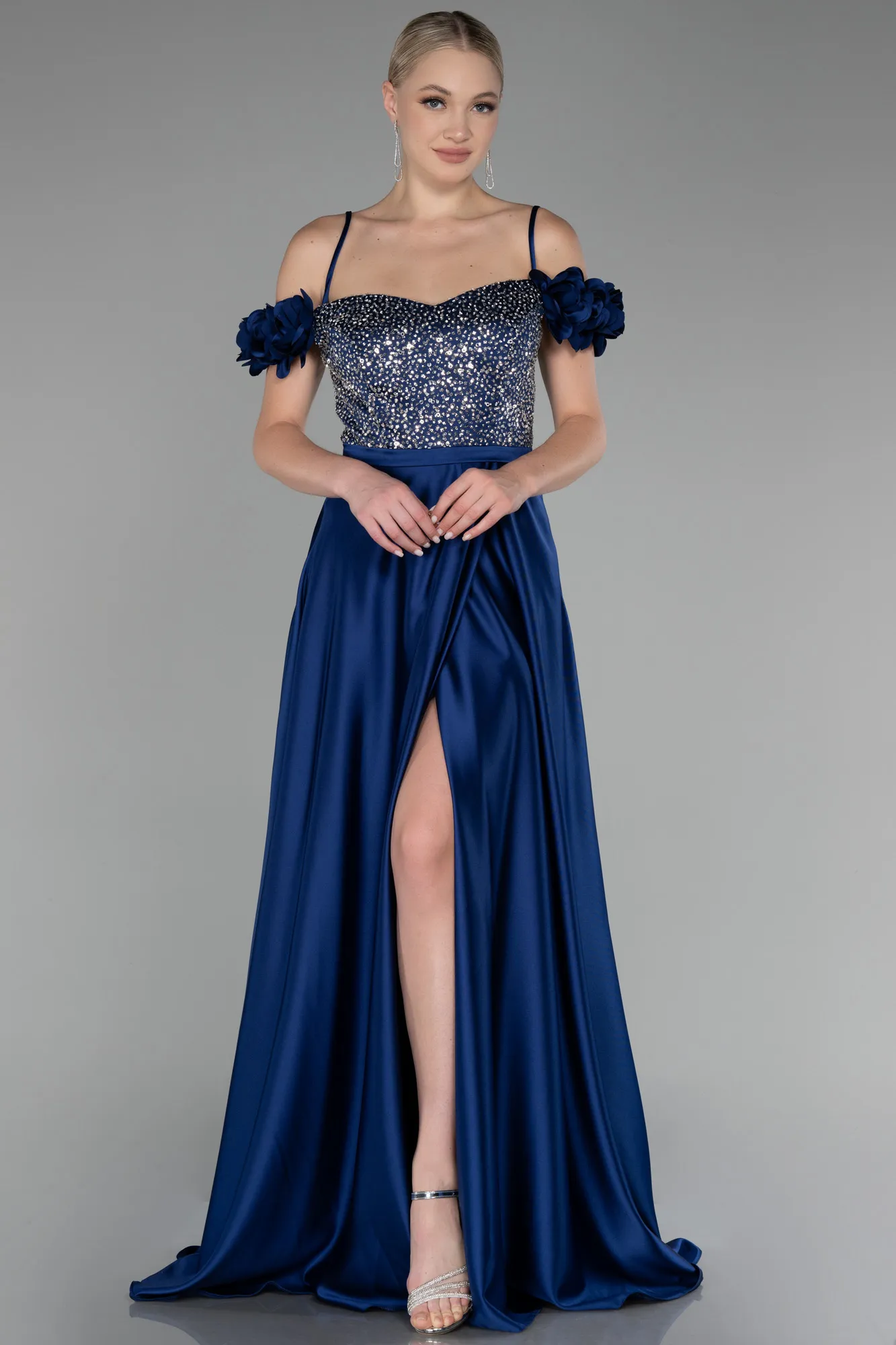 Navy Blue-Sequined Boat Neck Slit Long Satin Evening Gown ABU4126