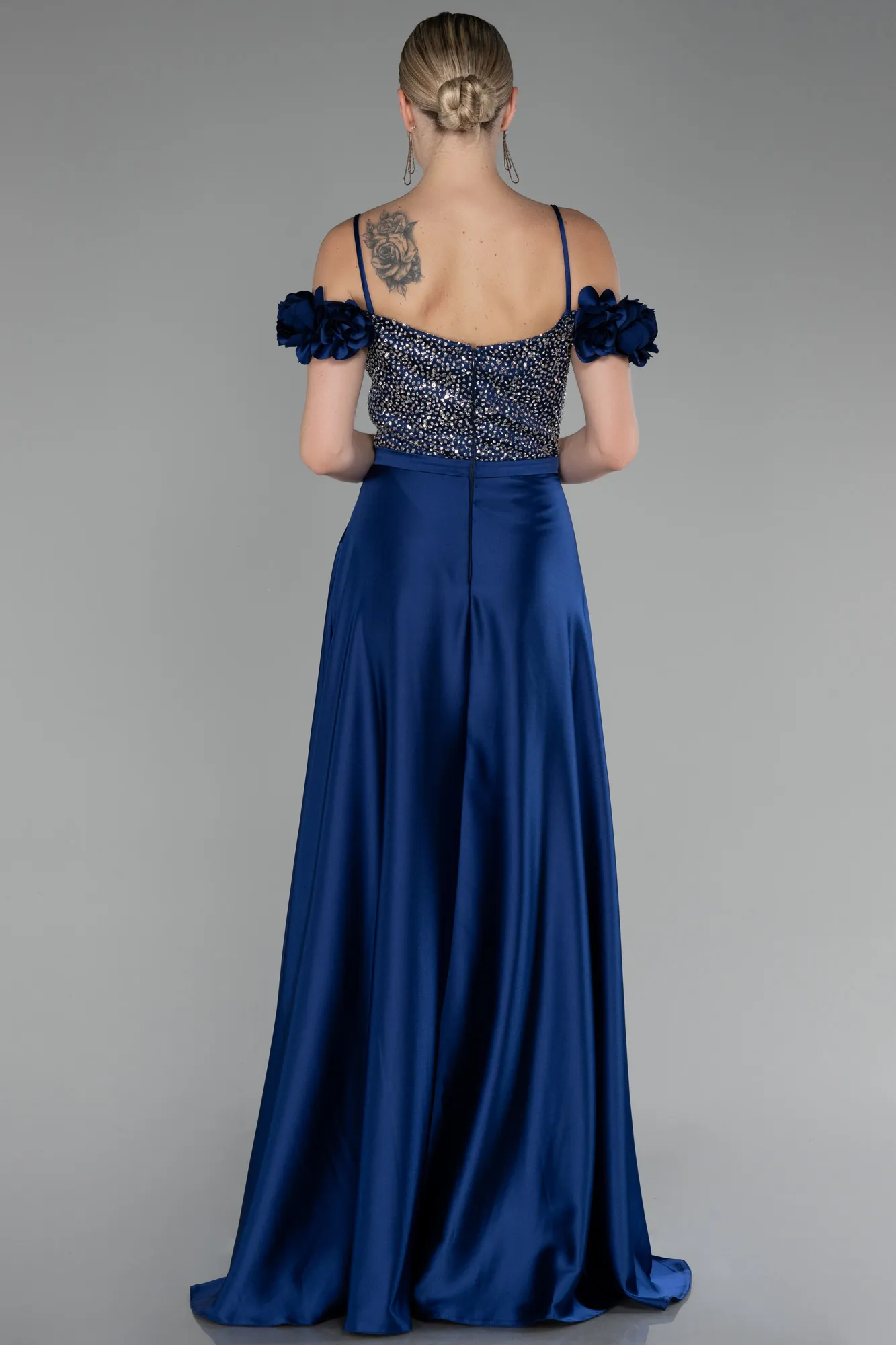 Navy Blue-Sequined Boat Neck Slit Long Satin Evening Gown ABU4126