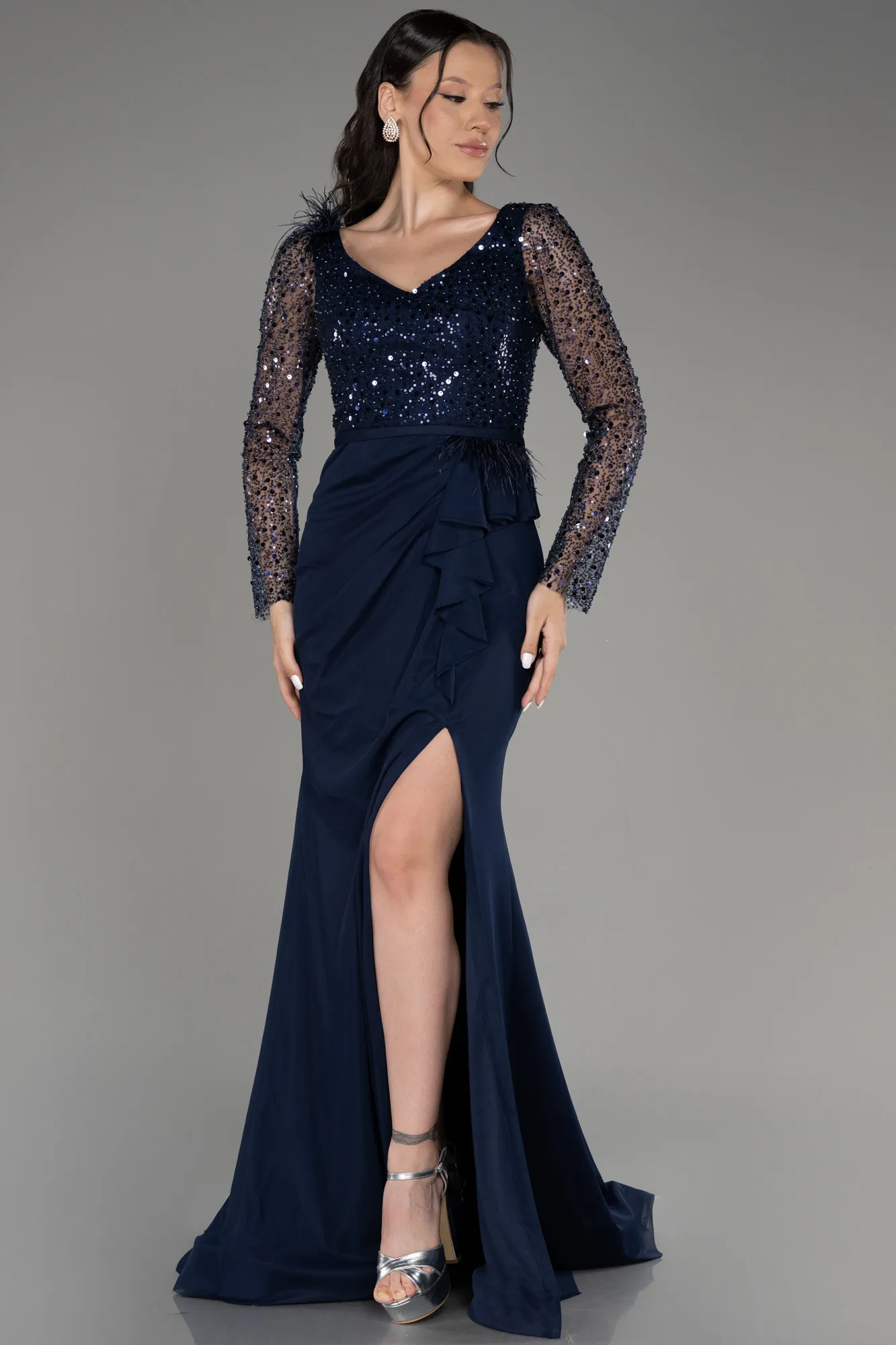 Navy Blue-Sequined Long Sleeve Slit Evening Dress ABU3283