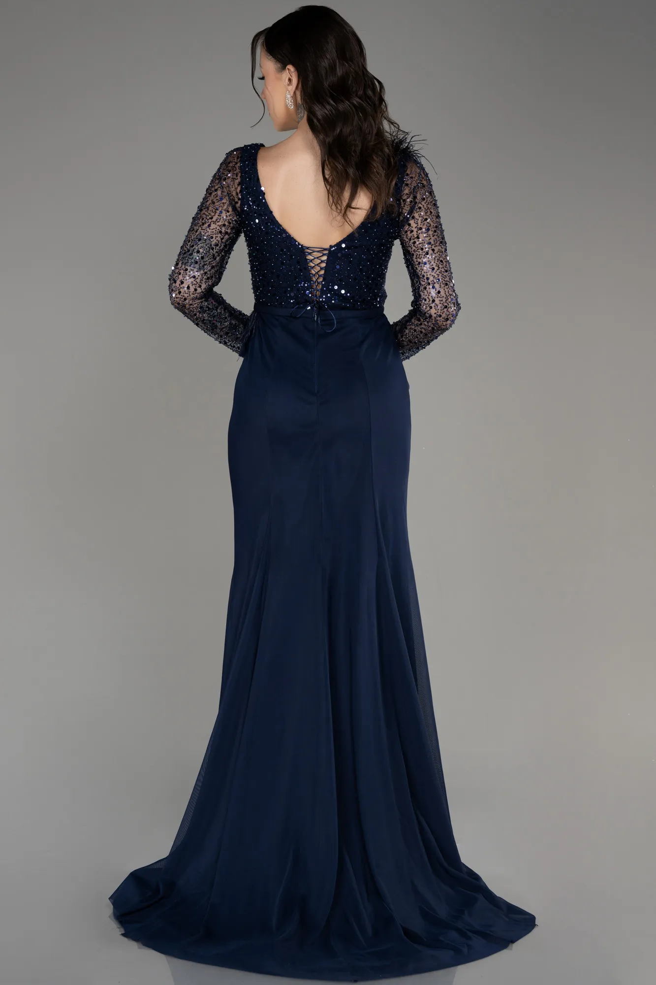 Navy Blue-Sequined Long Sleeve Slit Evening Dress ABU3283