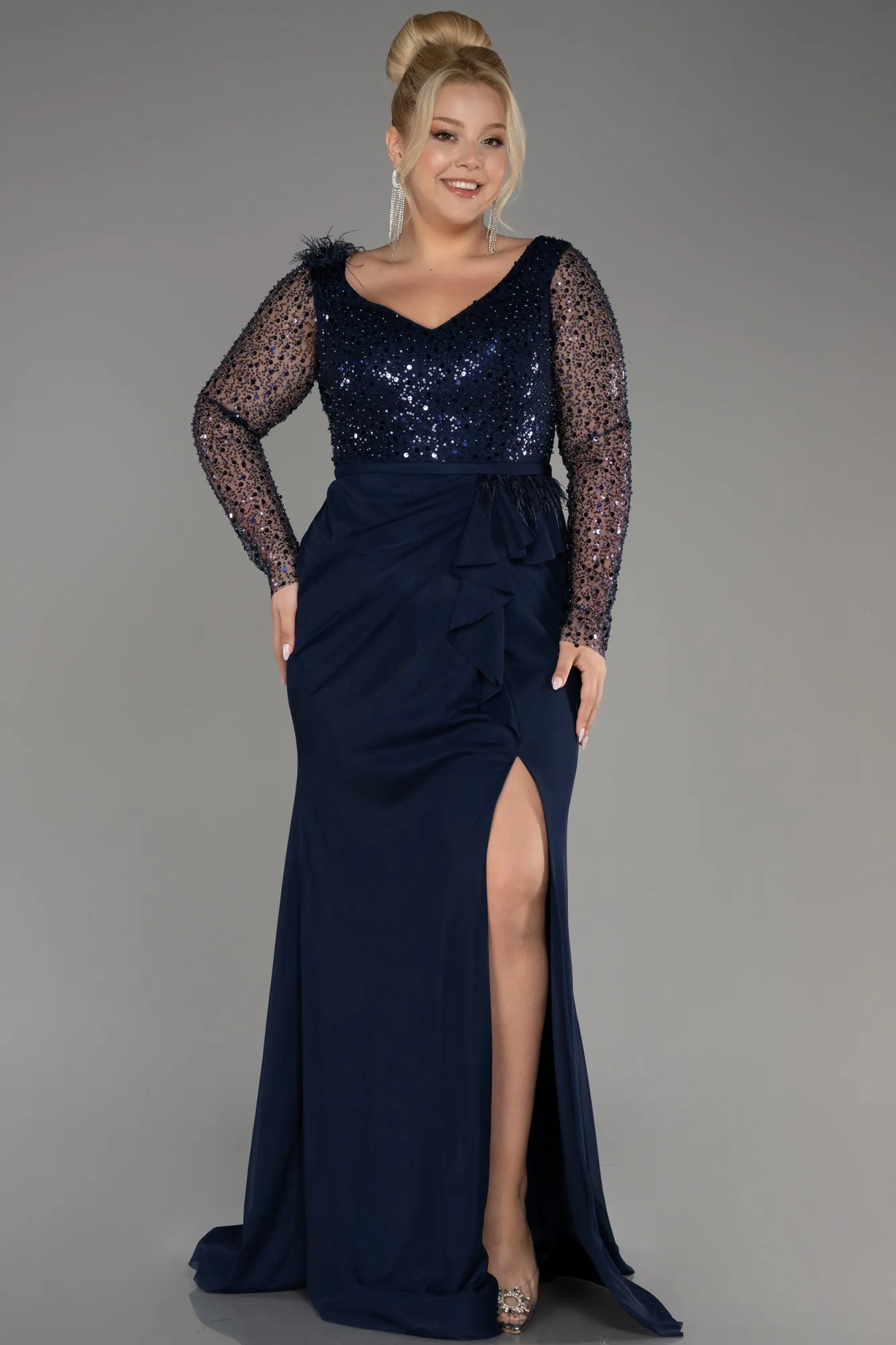 Navy Blue-Sequined Long Sleeve Slit Pus Size Evening Dress ABU3284