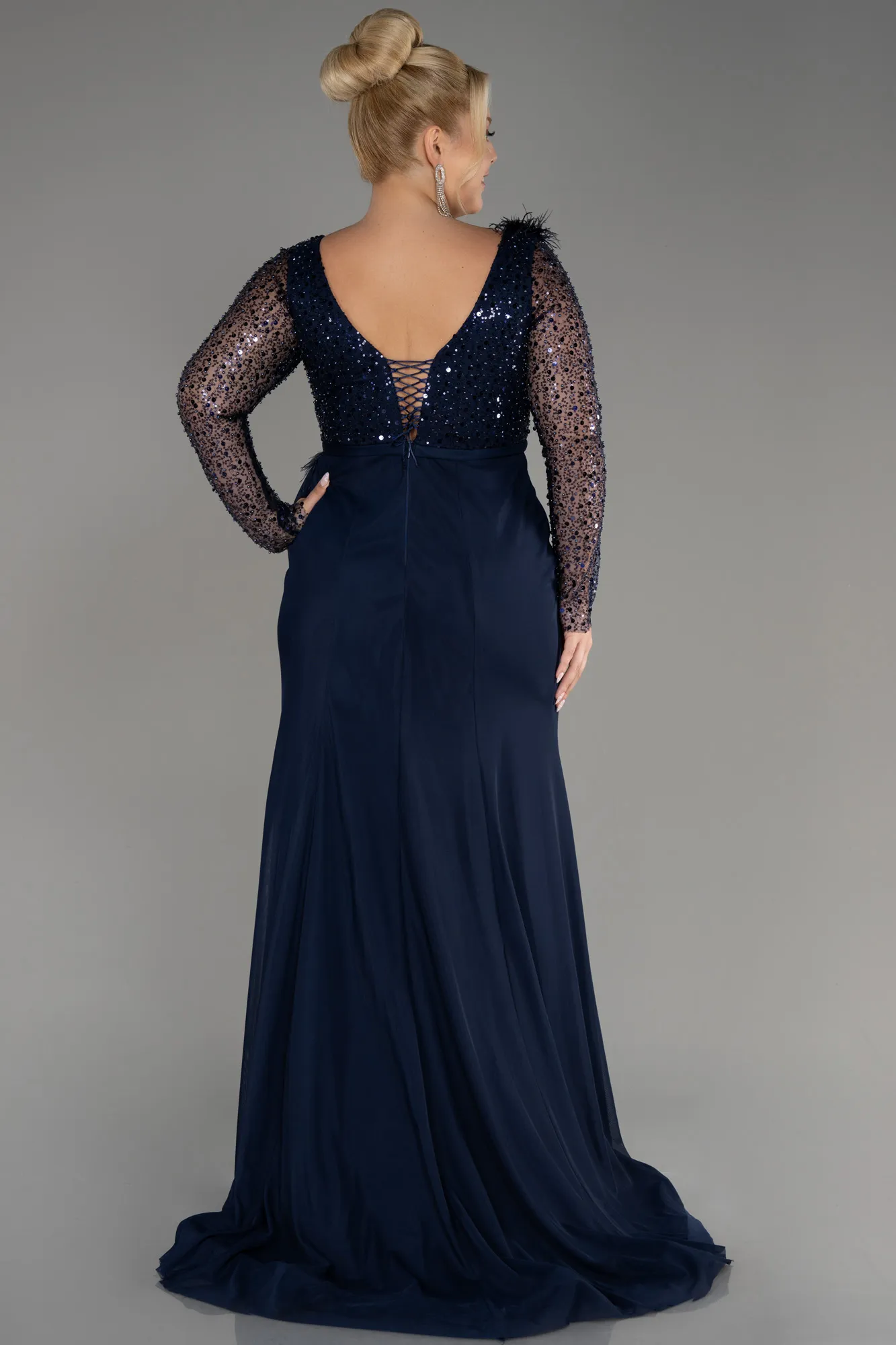 Navy Blue-Sequined Long Sleeve Slit Pus Size Evening Dress ABU3284