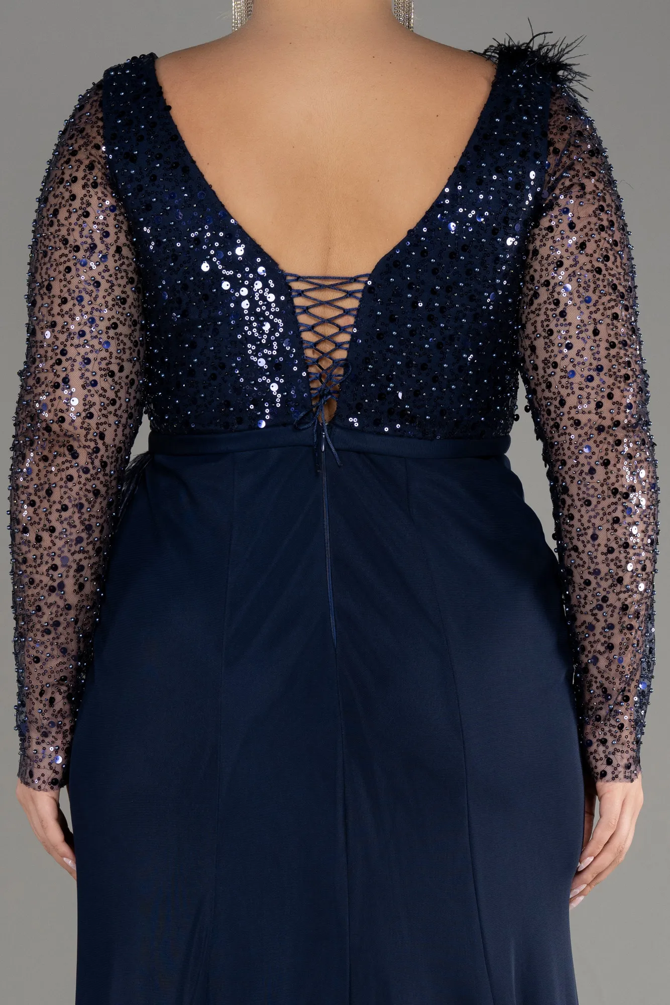 Navy Blue-Sequined Long Sleeve Slit Pus Size Evening Dress ABU3284