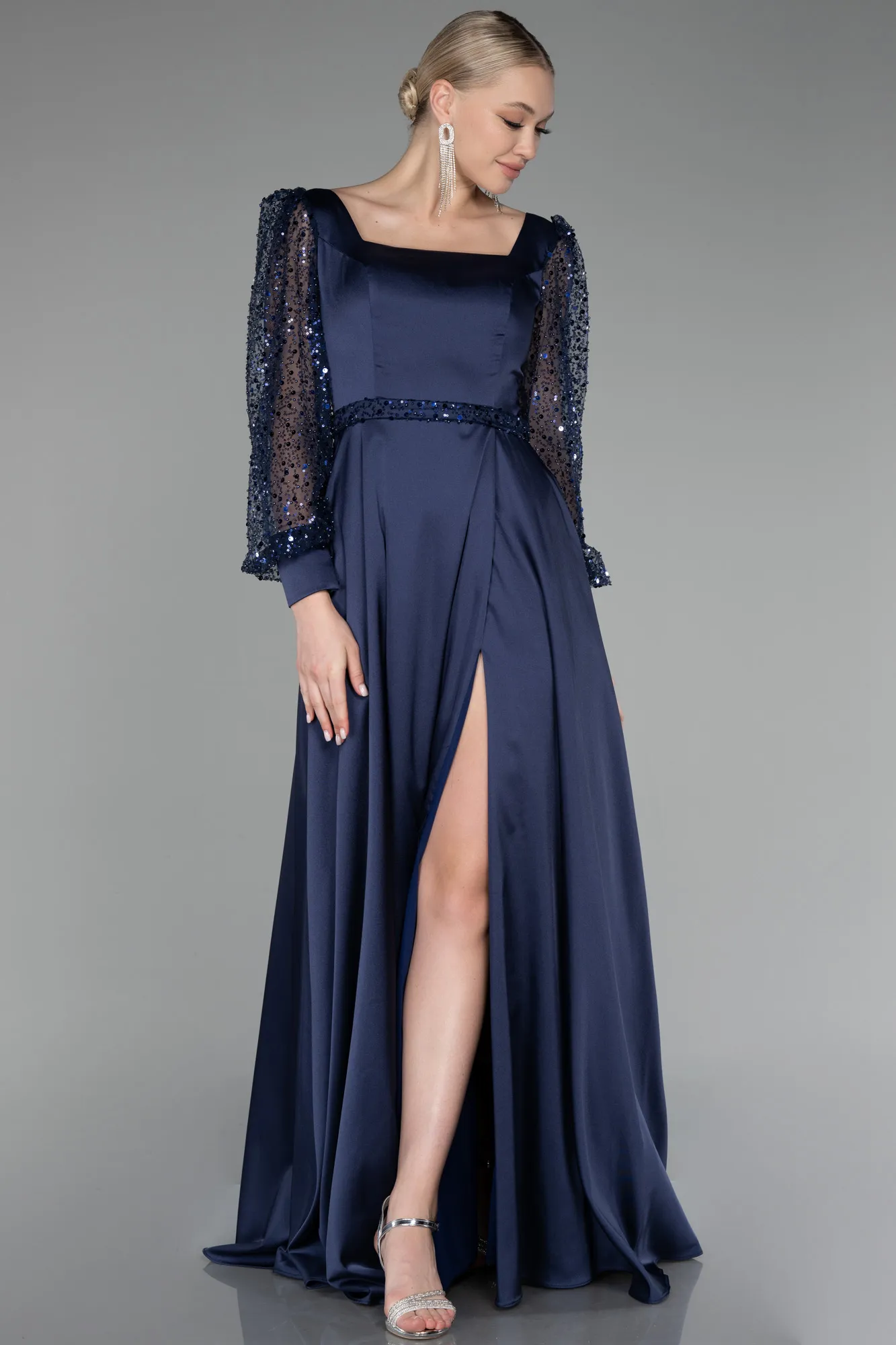 Navy Blue-Sequined Long Sleeve Slit Satin Evening Dress ABU4121