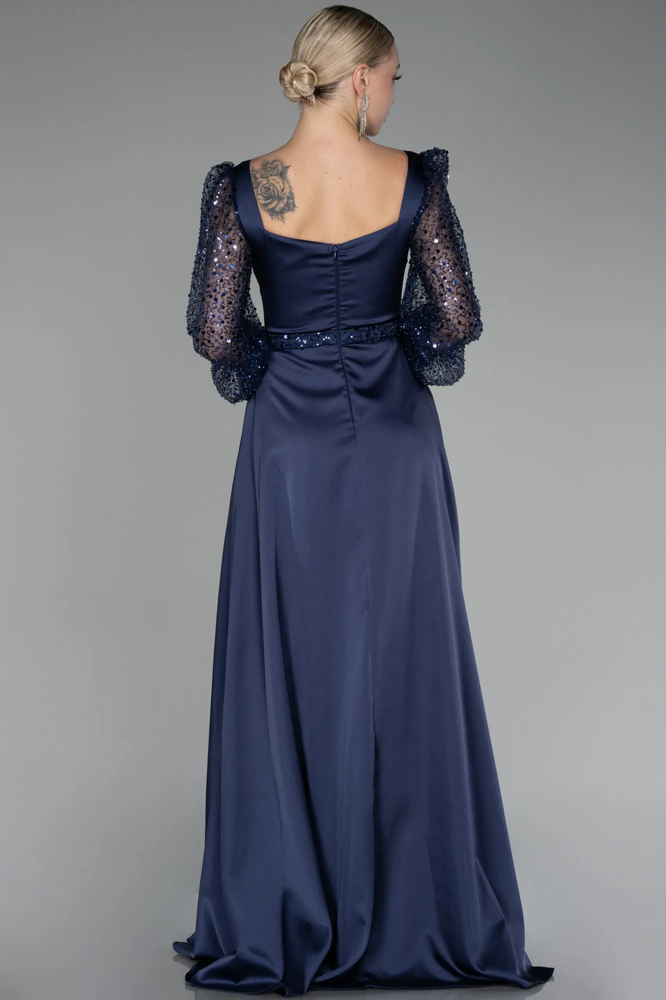 Navy Blue-Sequined Long Sleeve Slit Satin Evening Dress ABU4121