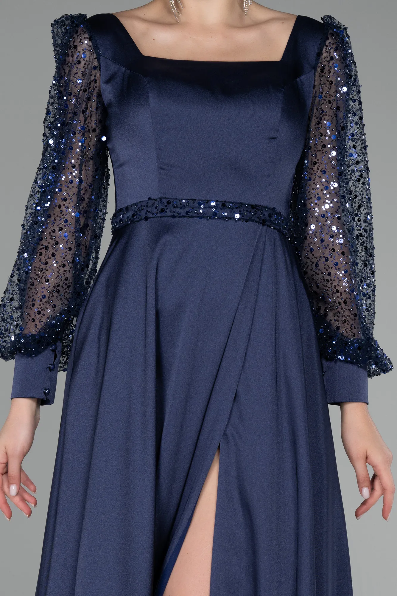 Navy Blue-Sequined Long Sleeve Slit Satin Evening Dress ABU4121