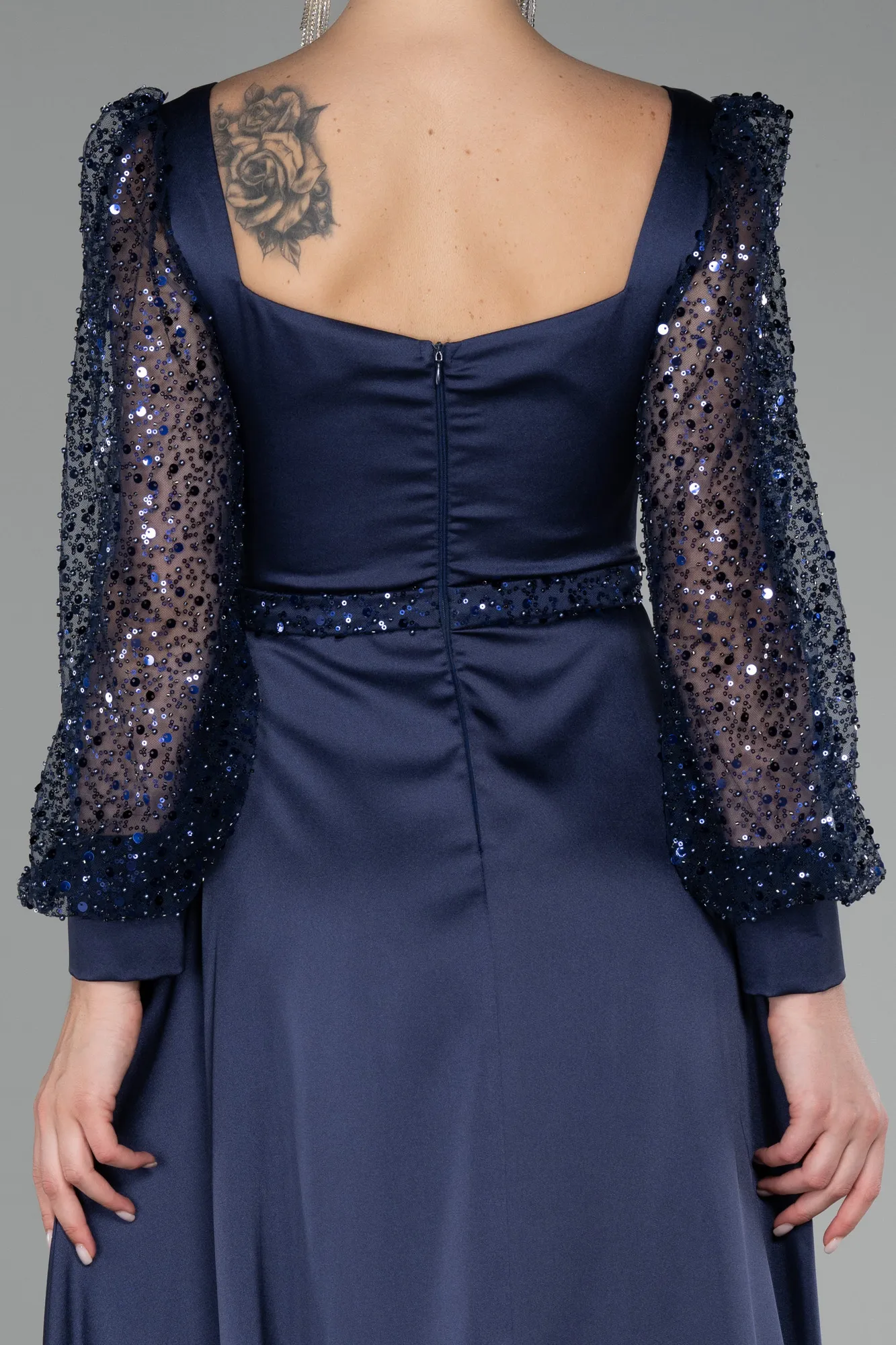 Navy Blue-Sequined Long Sleeve Slit Satin Evening Dress ABU4121