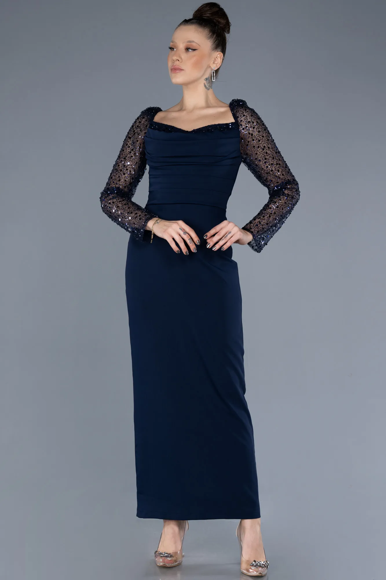 Navy Blue-Sequined Long Sleeve Square Neck Midi Invitation Dress ABK2216