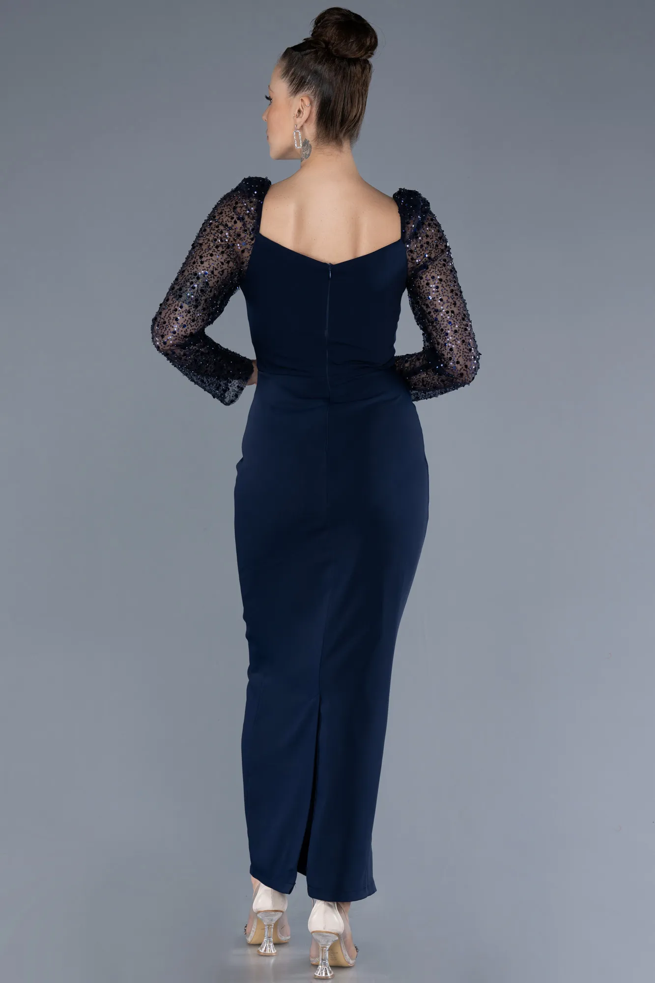 Navy Blue-Sequined Long Sleeve Square Neck Midi Invitation Dress ABK2216