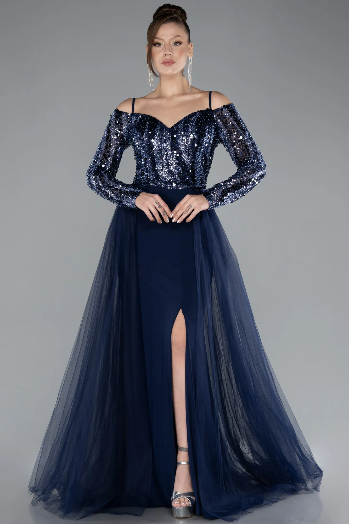 Navy Blue-Sequined Long Sleeve Trained Mermaid Evening Gown ABU4501