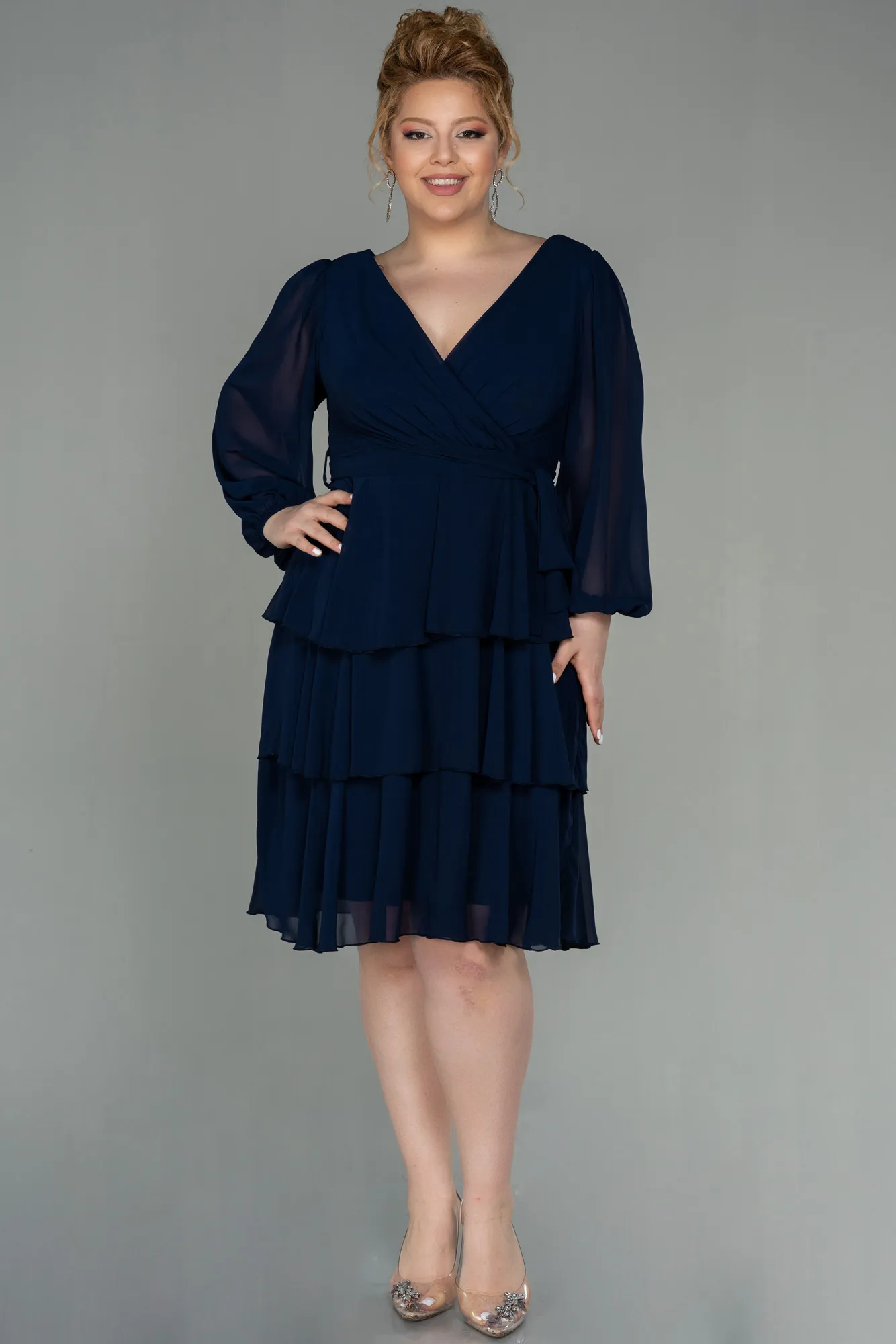 Navy Blue-Short Chiffon Oversized Evening Dress ABK1002