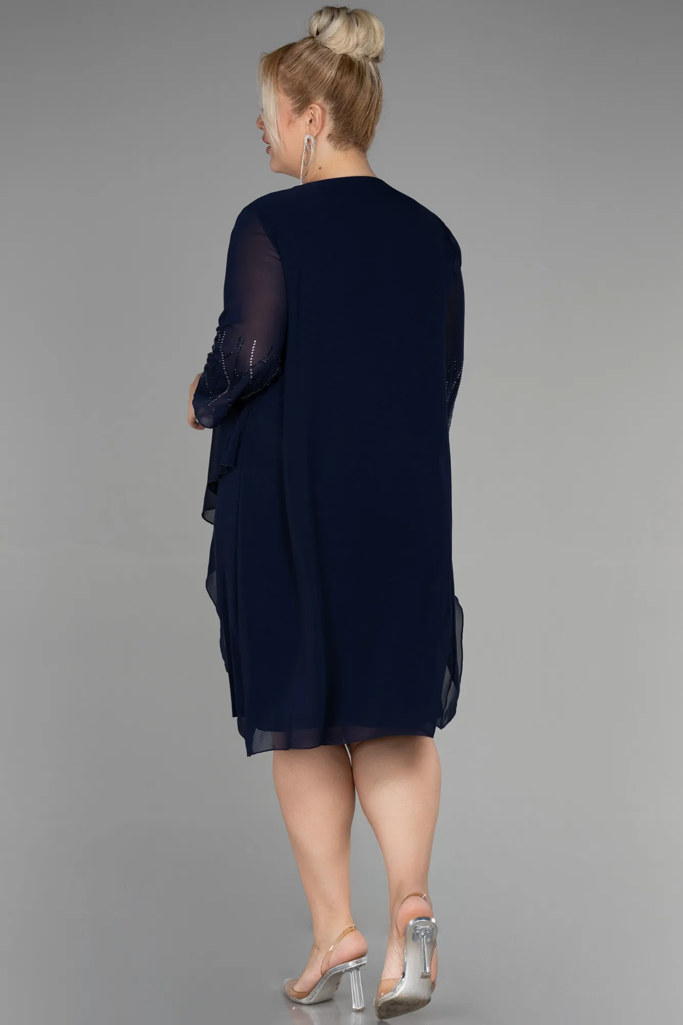 Navy Blue-Short Chiffon Plus Size Evening Dress ABK1290