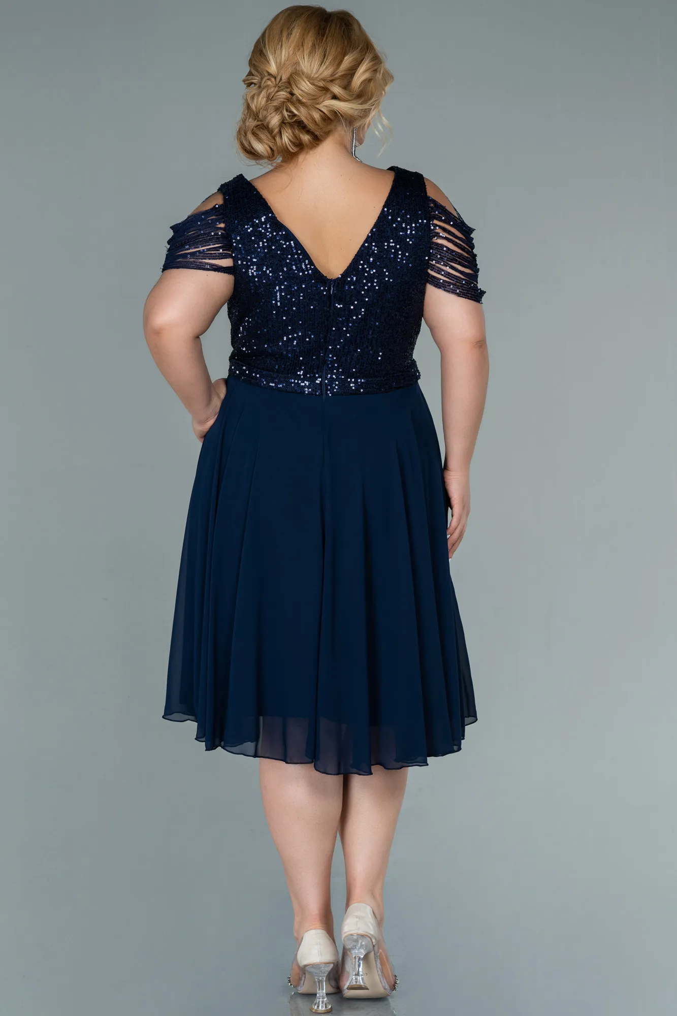 Navy Blue-Short Chiffon Plus Size Evening Dress ABK1376