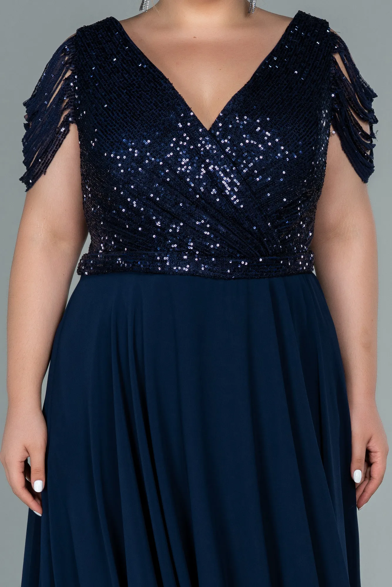 Navy Blue-Short Chiffon Plus Size Evening Dress ABK1376