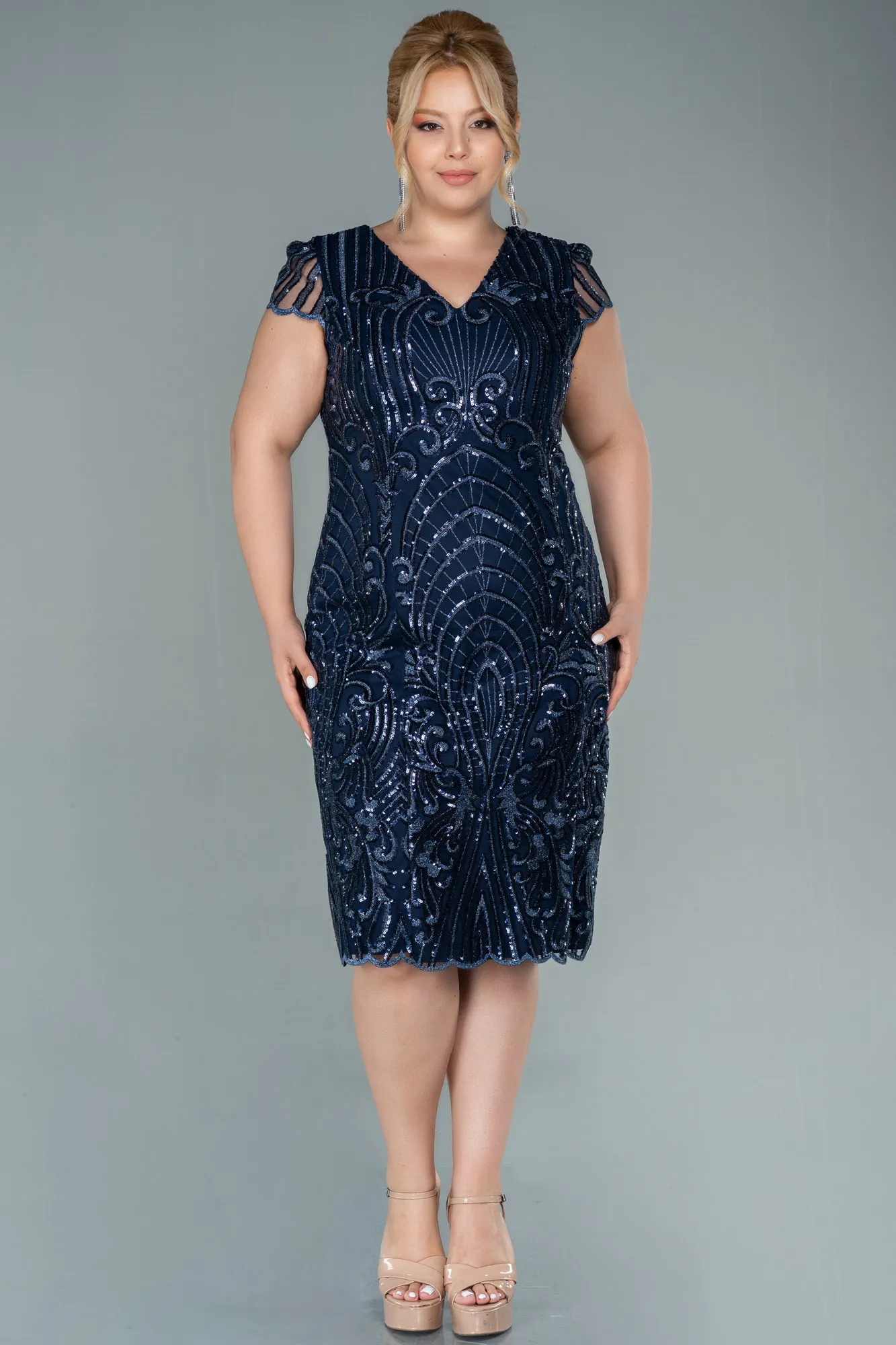 Navy Blue-Short Laced Oversized Evening Dress ABK1283