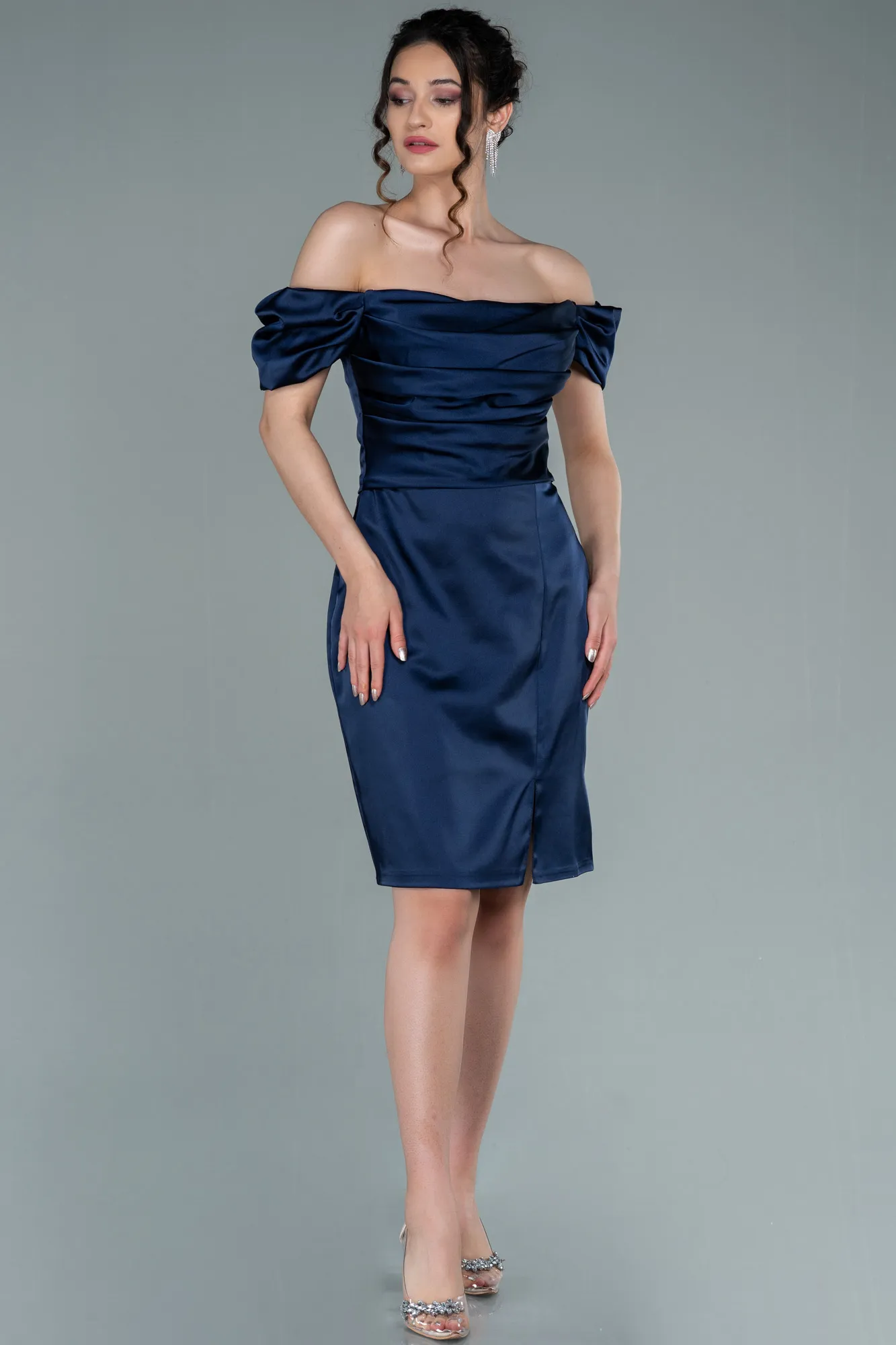 Navy Blue-Short Satin Invitation Dress ABK1394