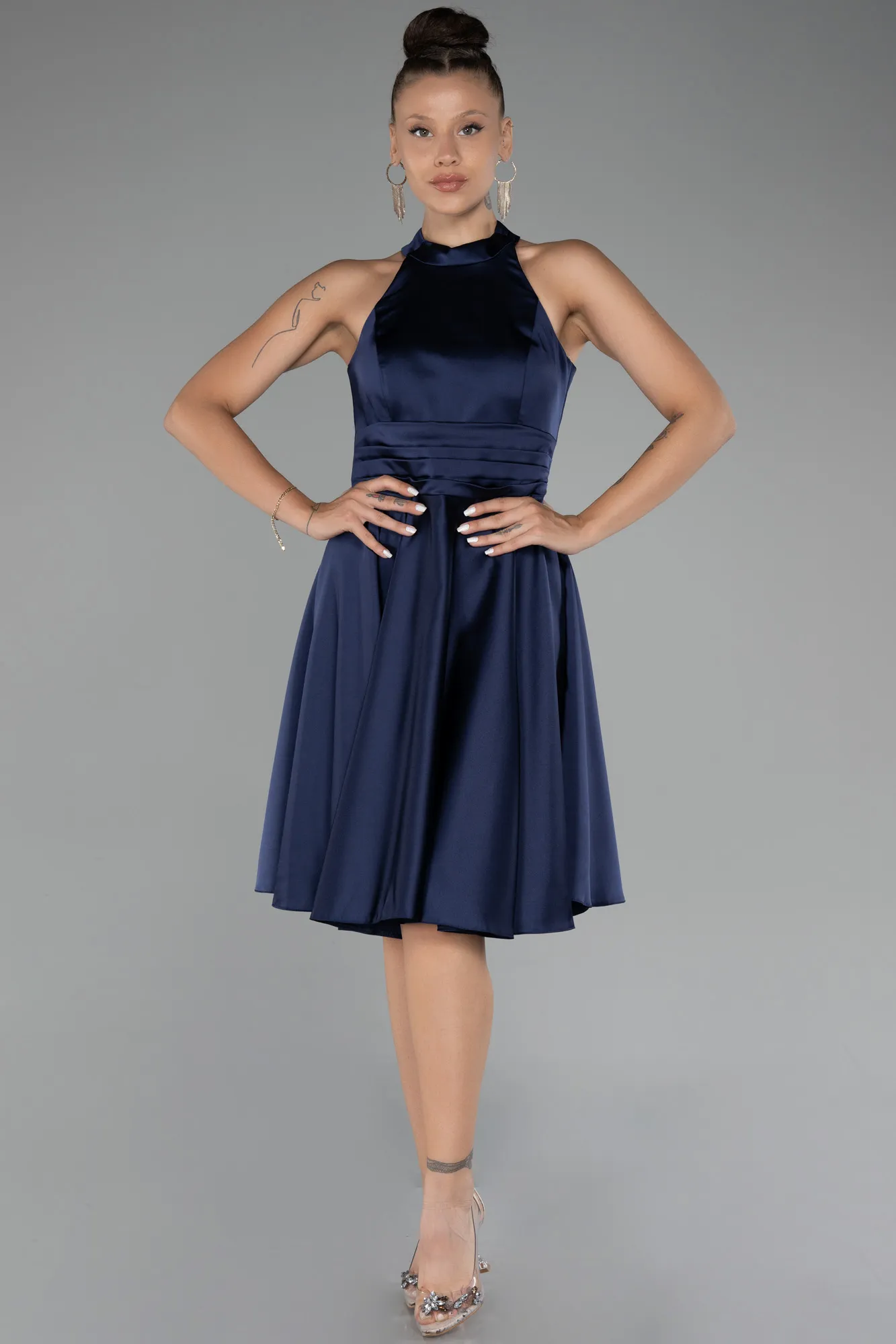 Navy Blue-Short Satin Party Dress ABK2112