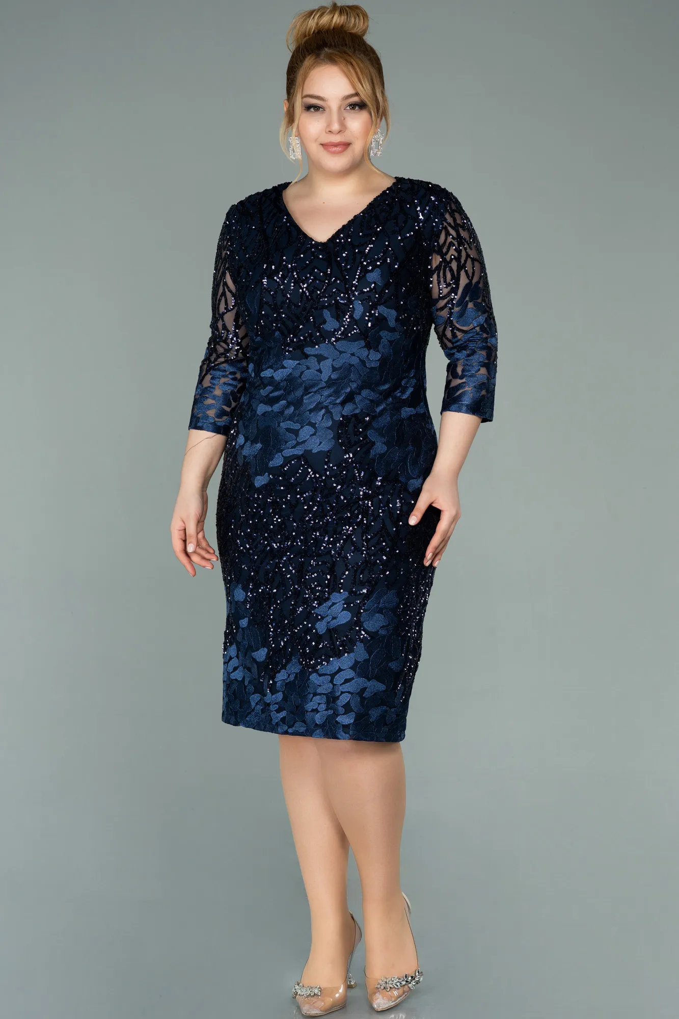 Navy Blue-Short Scaly Plus Size Evening Dress ABK1284