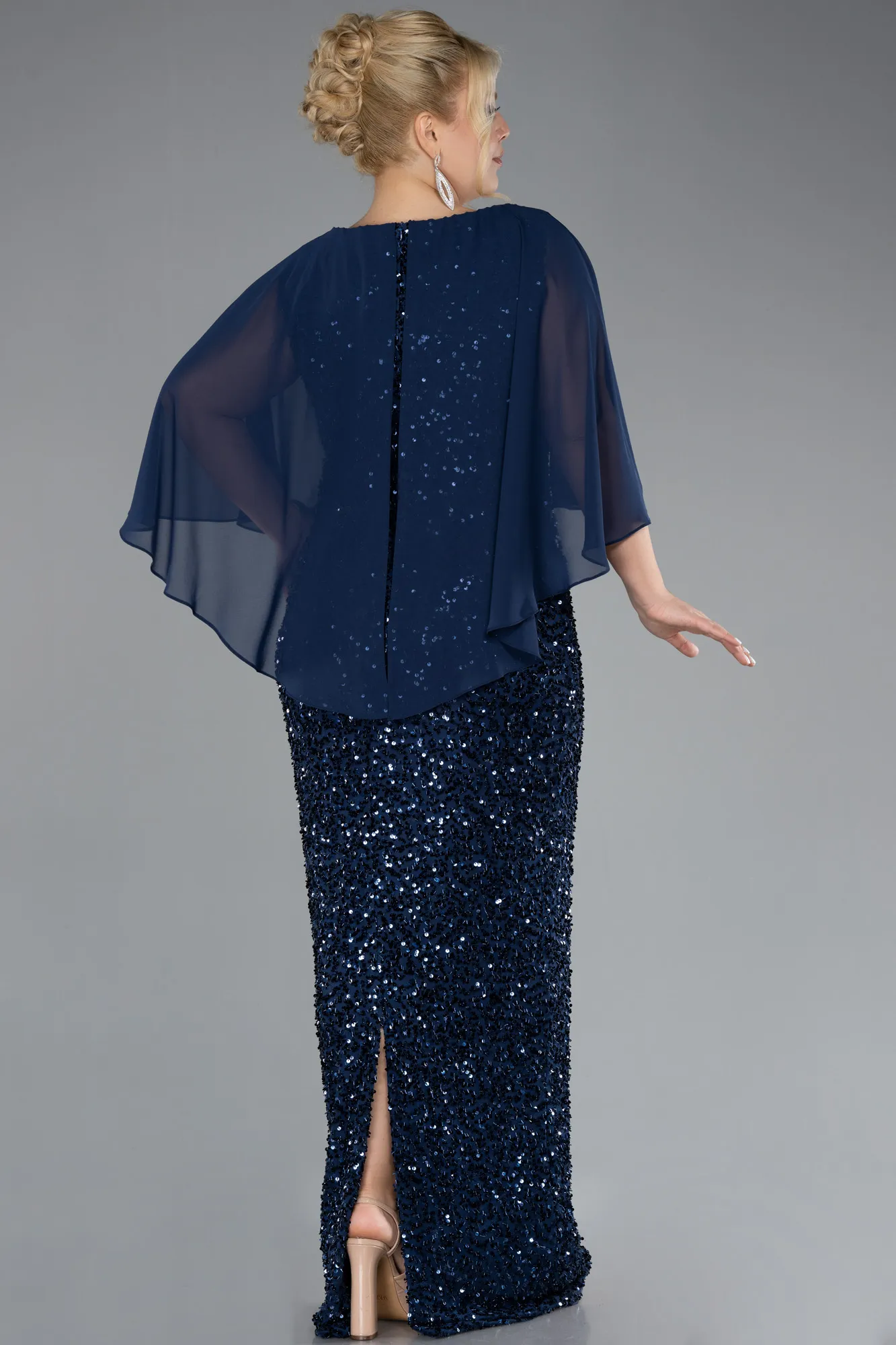 Navy Blue-Short Shawl Sleeve Long Scaly Plus Size Evening Gown ABU4354