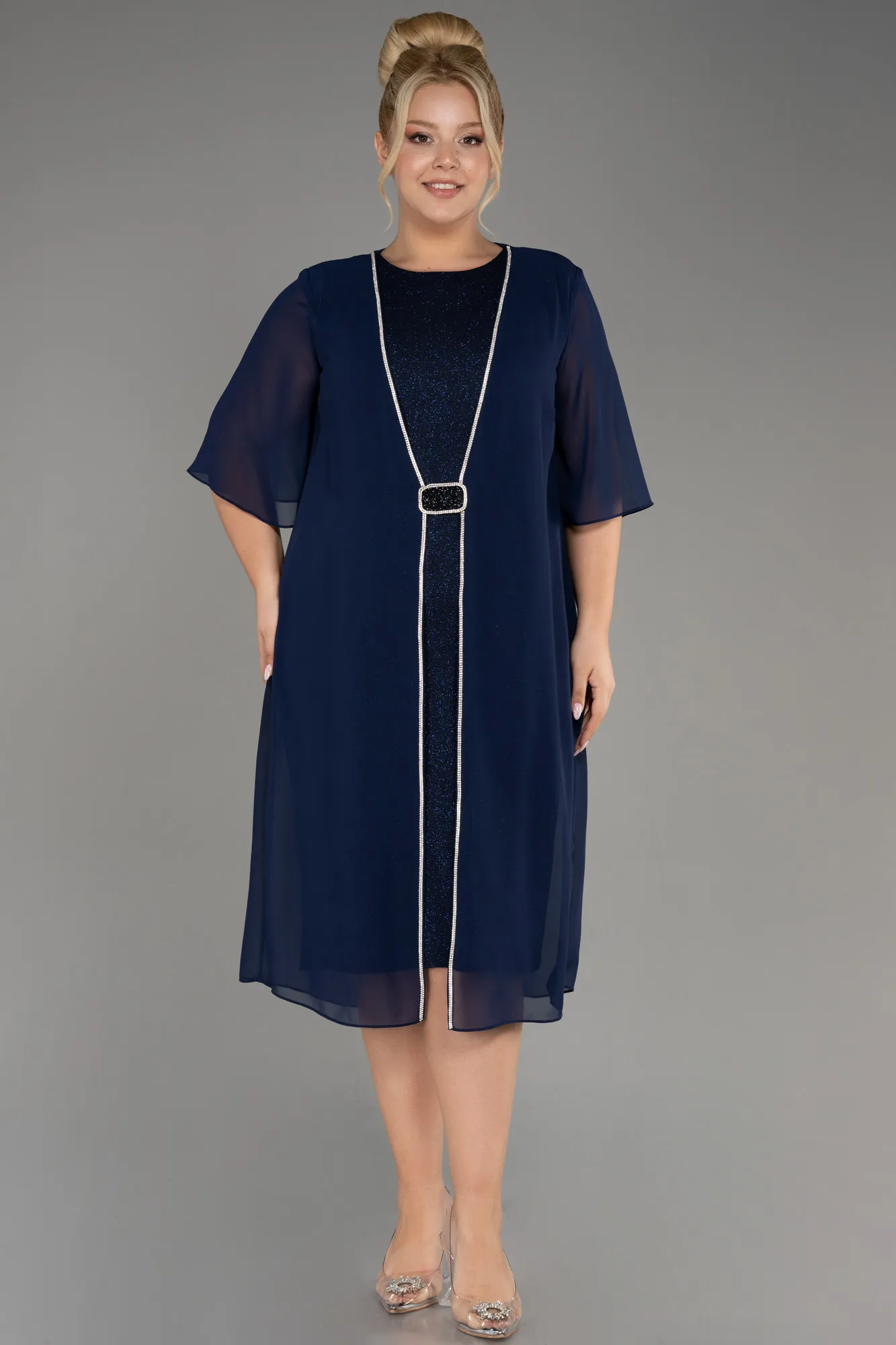 Navy Blue-Short Sleeve Chiffon Midi Plus Size Evening Dress ABK2108