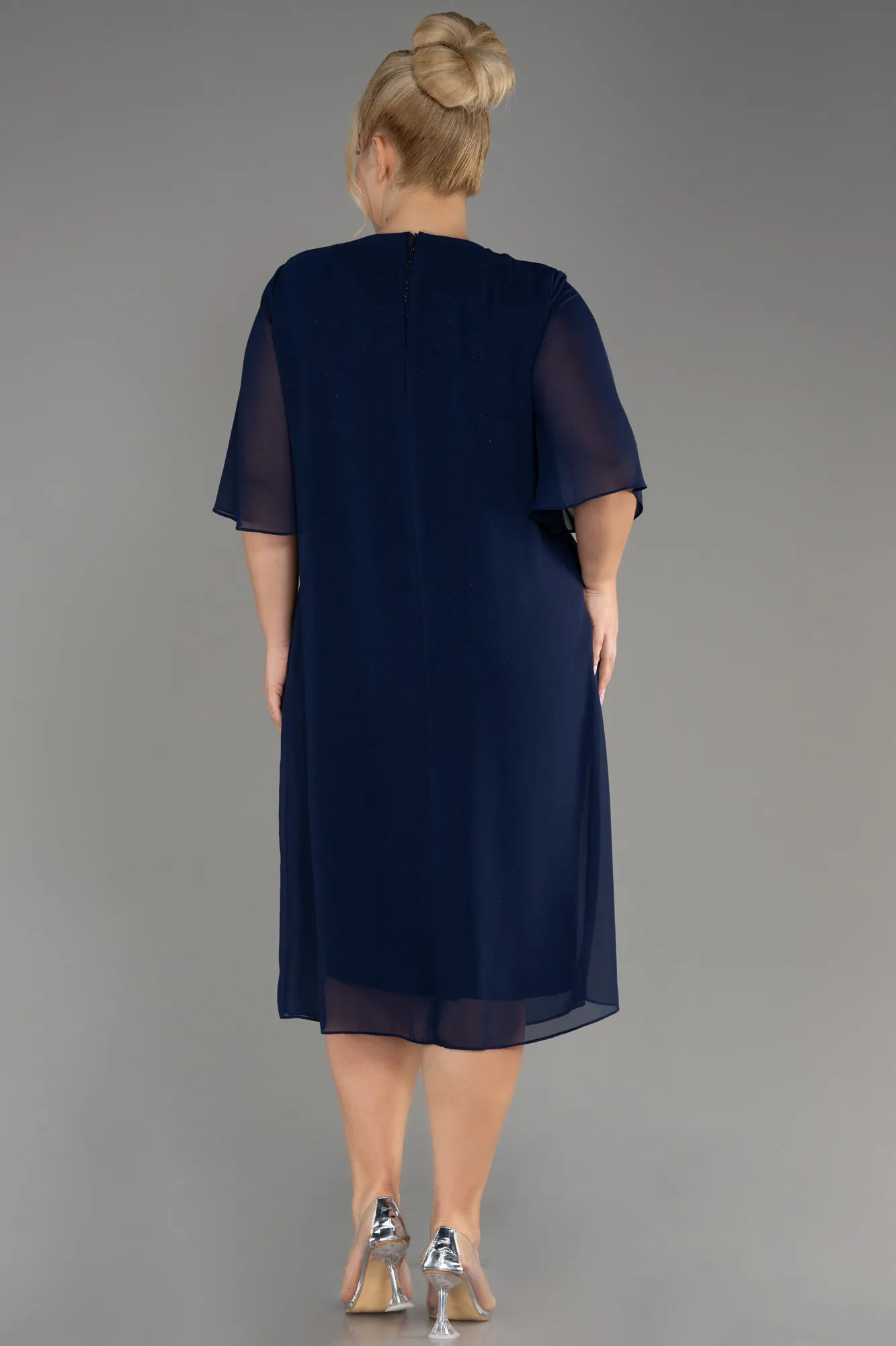 Navy Blue-Short Sleeve Chiffon Midi Plus Size Evening Dress ABK2108