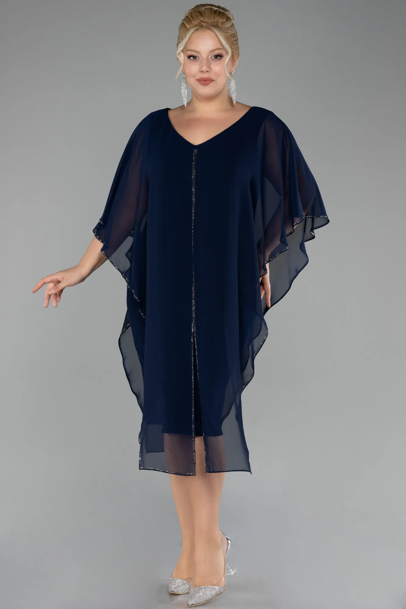 Navy Blue-Short Sleeve Chiffon Midi Plus Size Evening Dress ABK2134