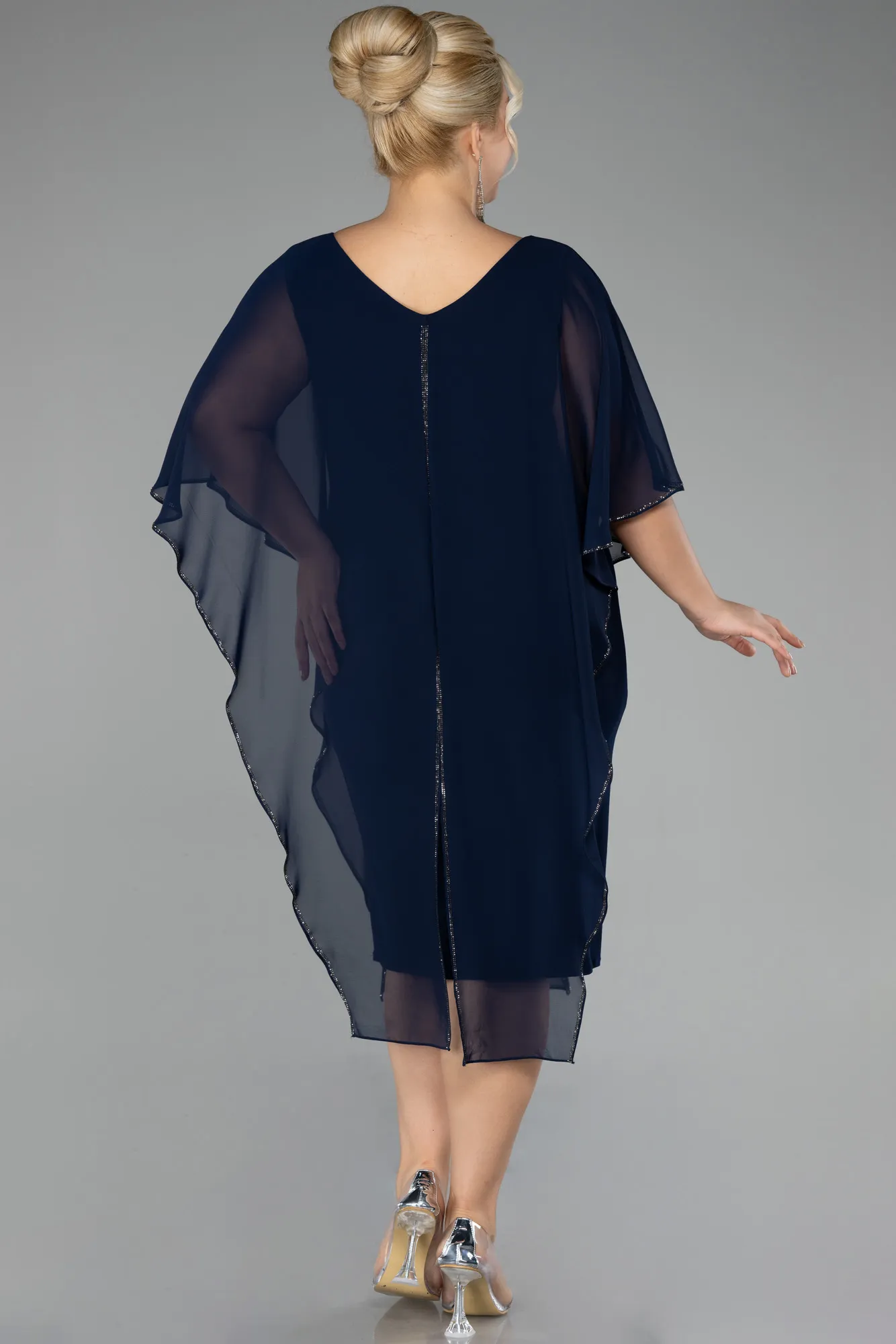 Navy Blue-Short Sleeve Chiffon Midi Plus Size Evening Dress ABK2134