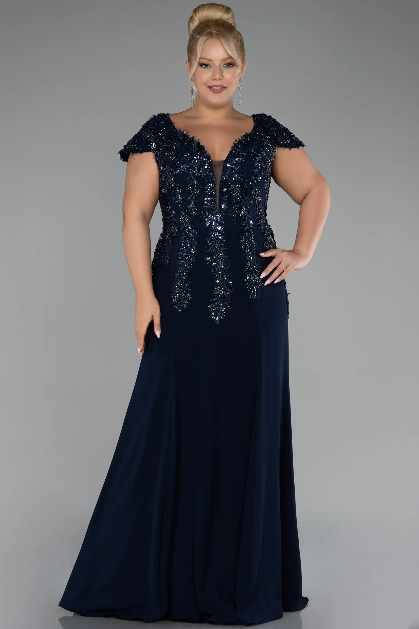 Navy Blue-Short Sleeve Embroidered Long Plus Size Evening Gown ABU4191