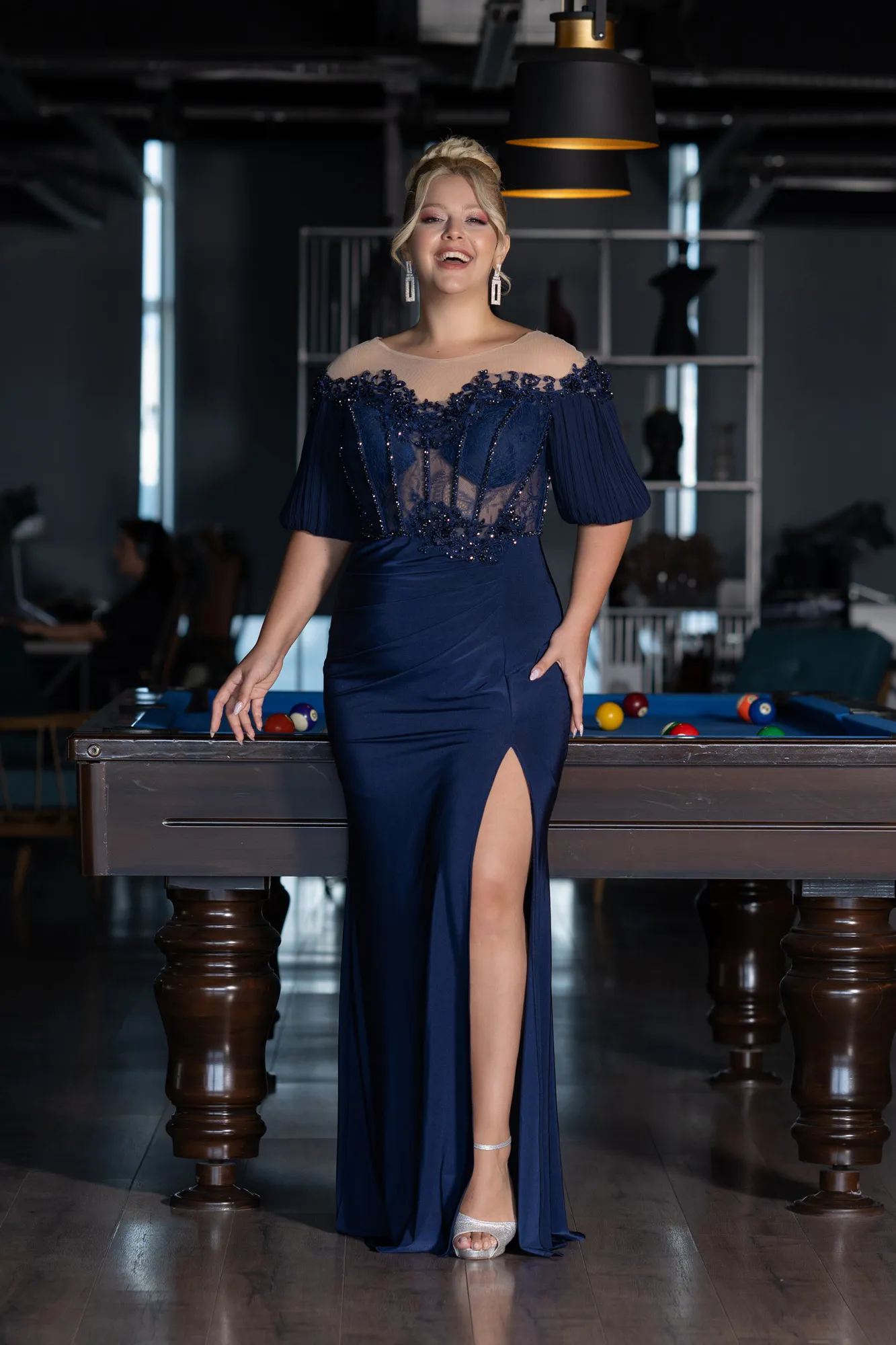 Navy Blue-Short Sleeve Embroidered Slit Long Plus Size Evening Gown ABU4100