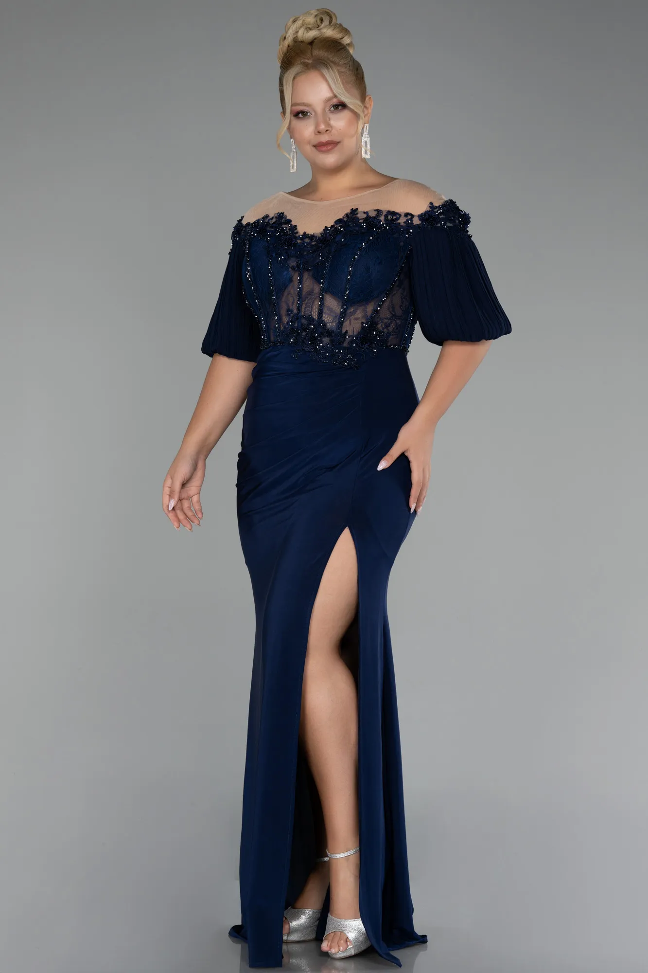 Navy Blue-Short Sleeve Embroidered Slit Long Plus Size Evening Gown ABU4100