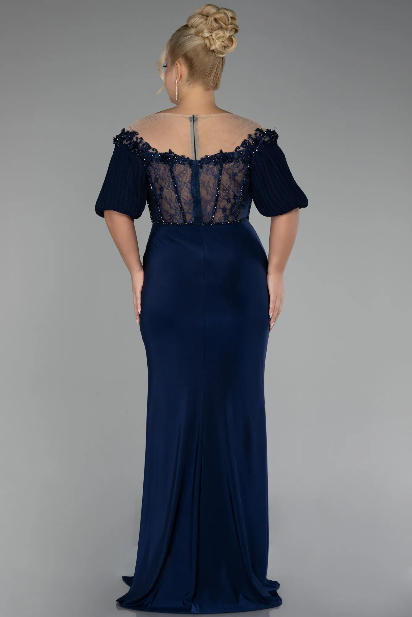 Navy Blue-Short Sleeve Embroidered Slit Long Plus Size Evening Gown ABU4100