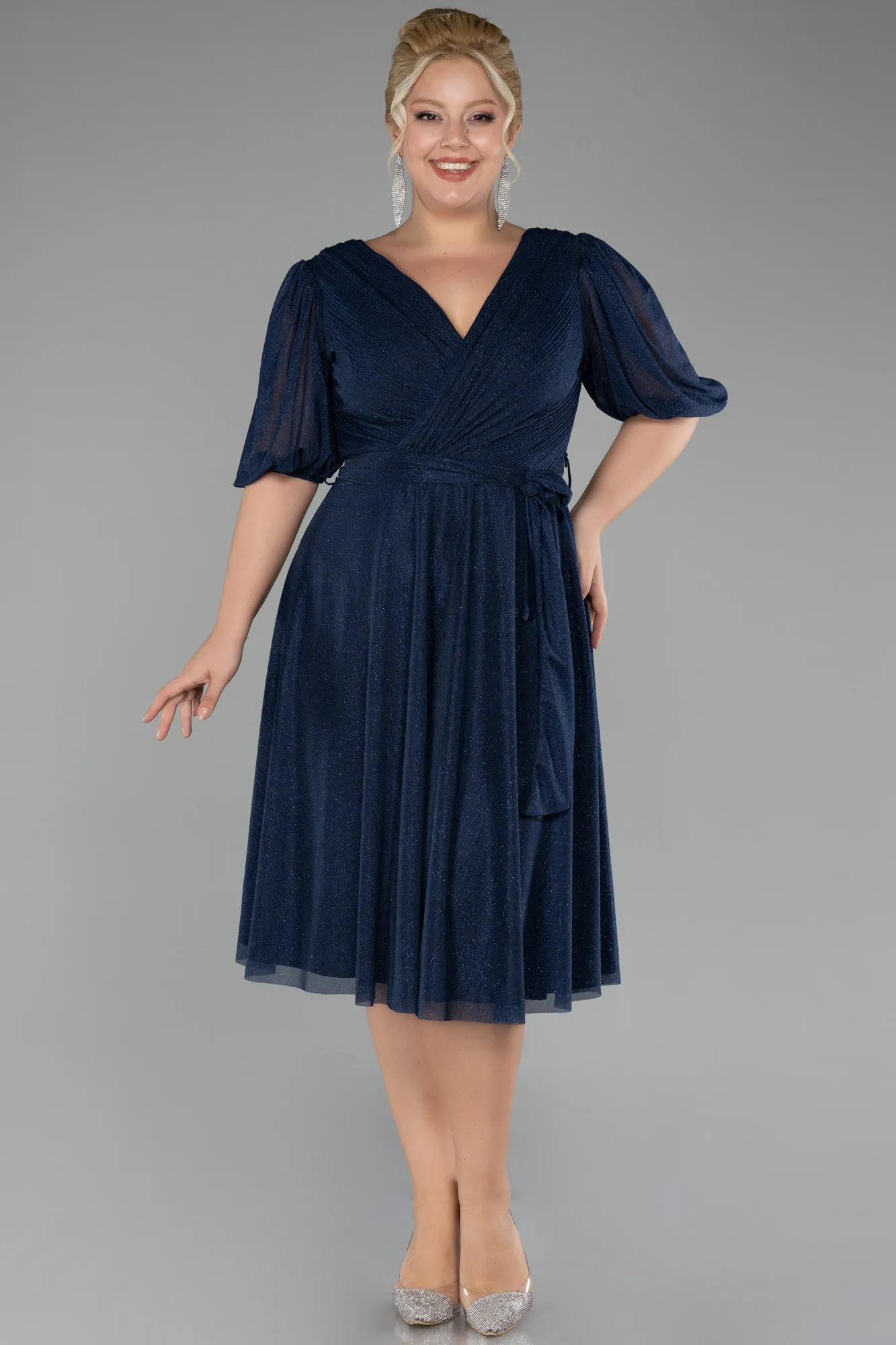 Navy Blue-Short Sleeve Glitter Midi Invitation Dress ABK2135