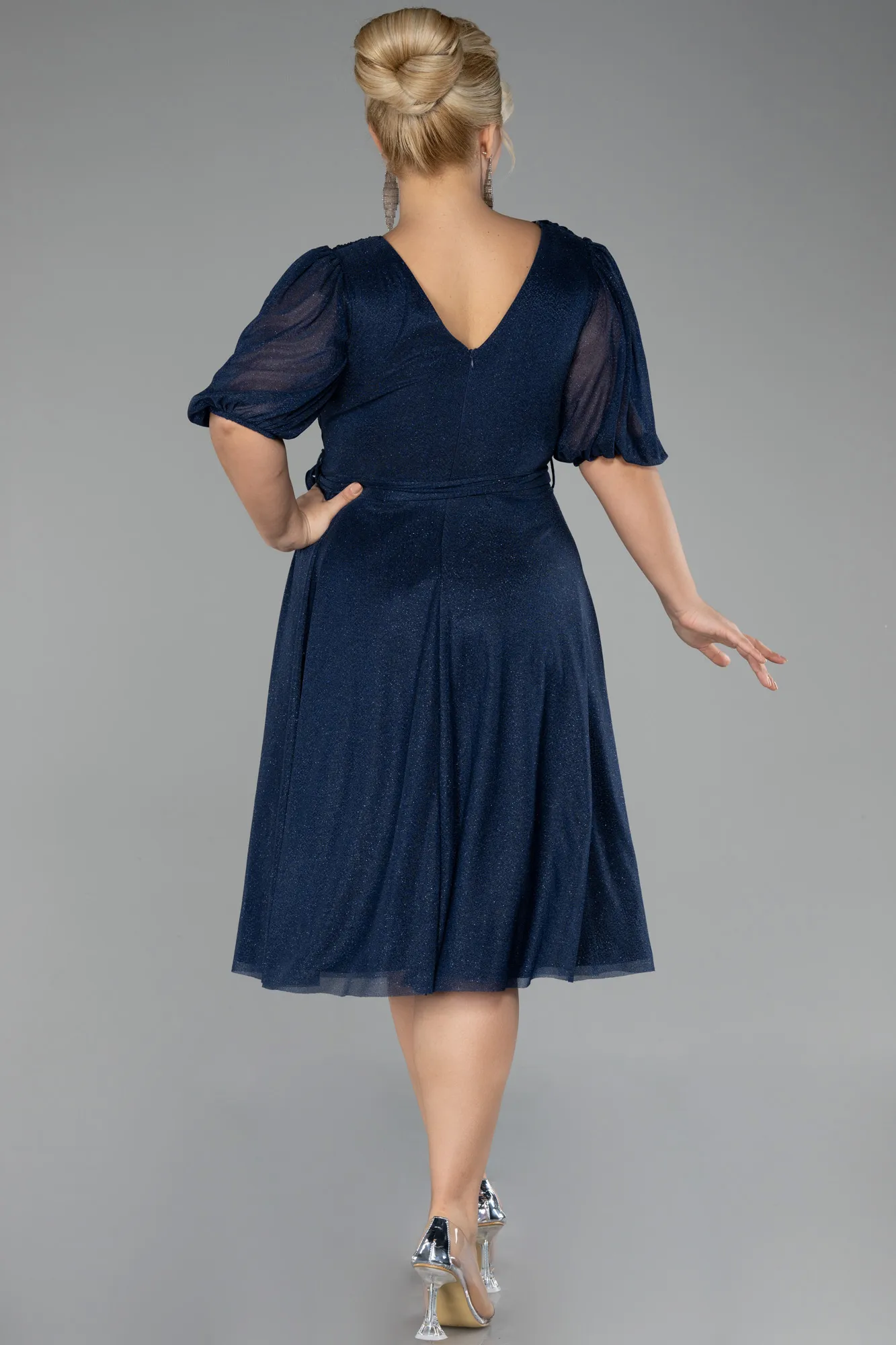 Navy Blue-Short Sleeve Glitter Midi Invitation Dress ABK2135