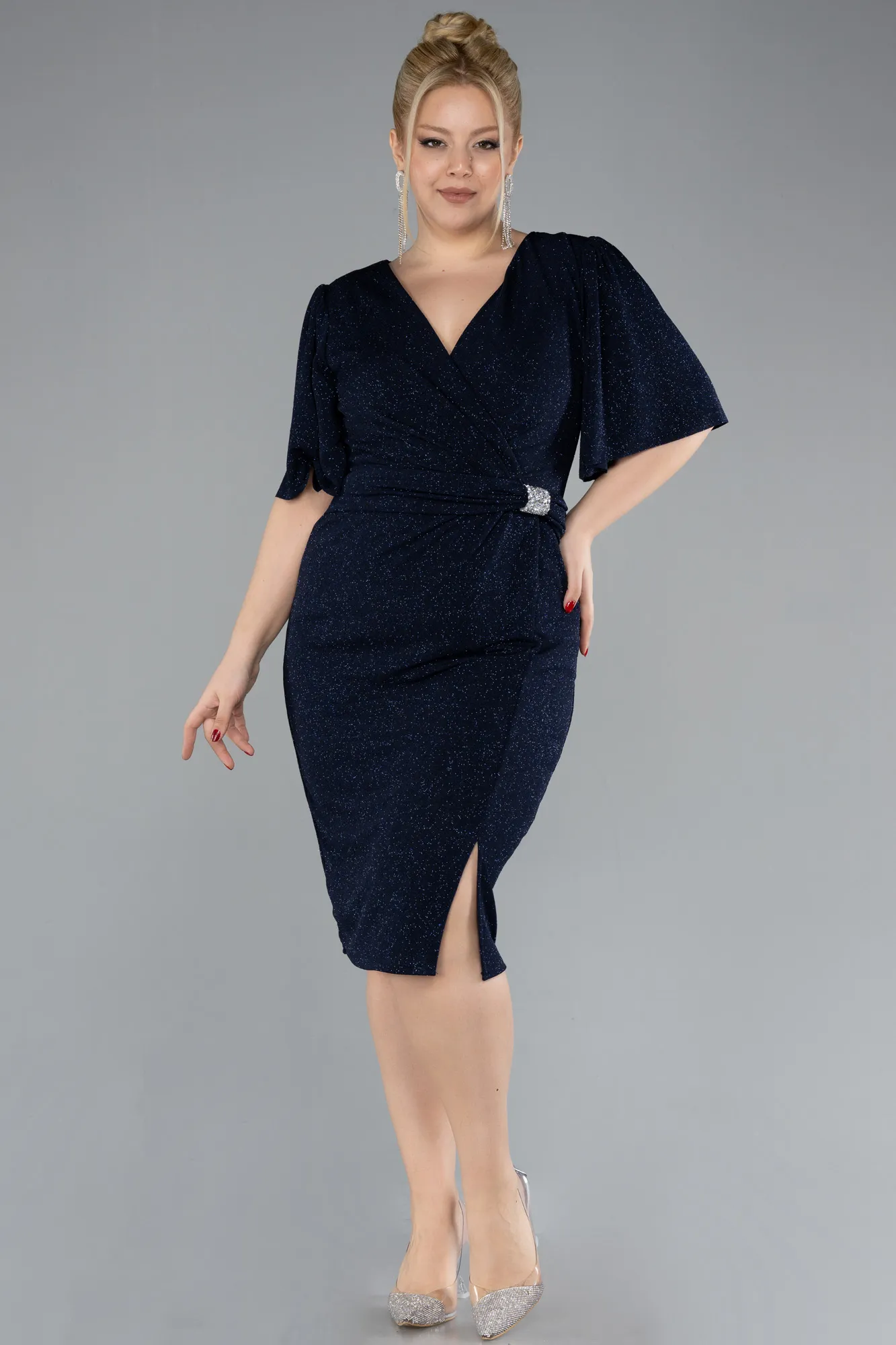 Navy Blue-Short Sleeve Glitter Midi Plus Size Cocktail Dress ABK2115