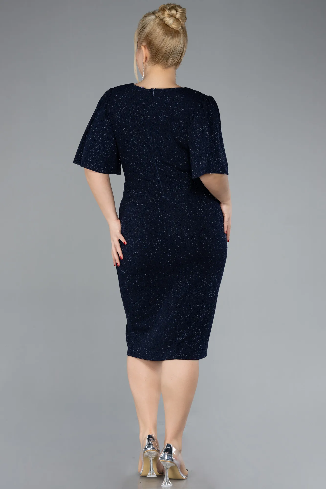 Navy Blue-Short Sleeve Glitter Midi Plus Size Cocktail Dress ABK2115