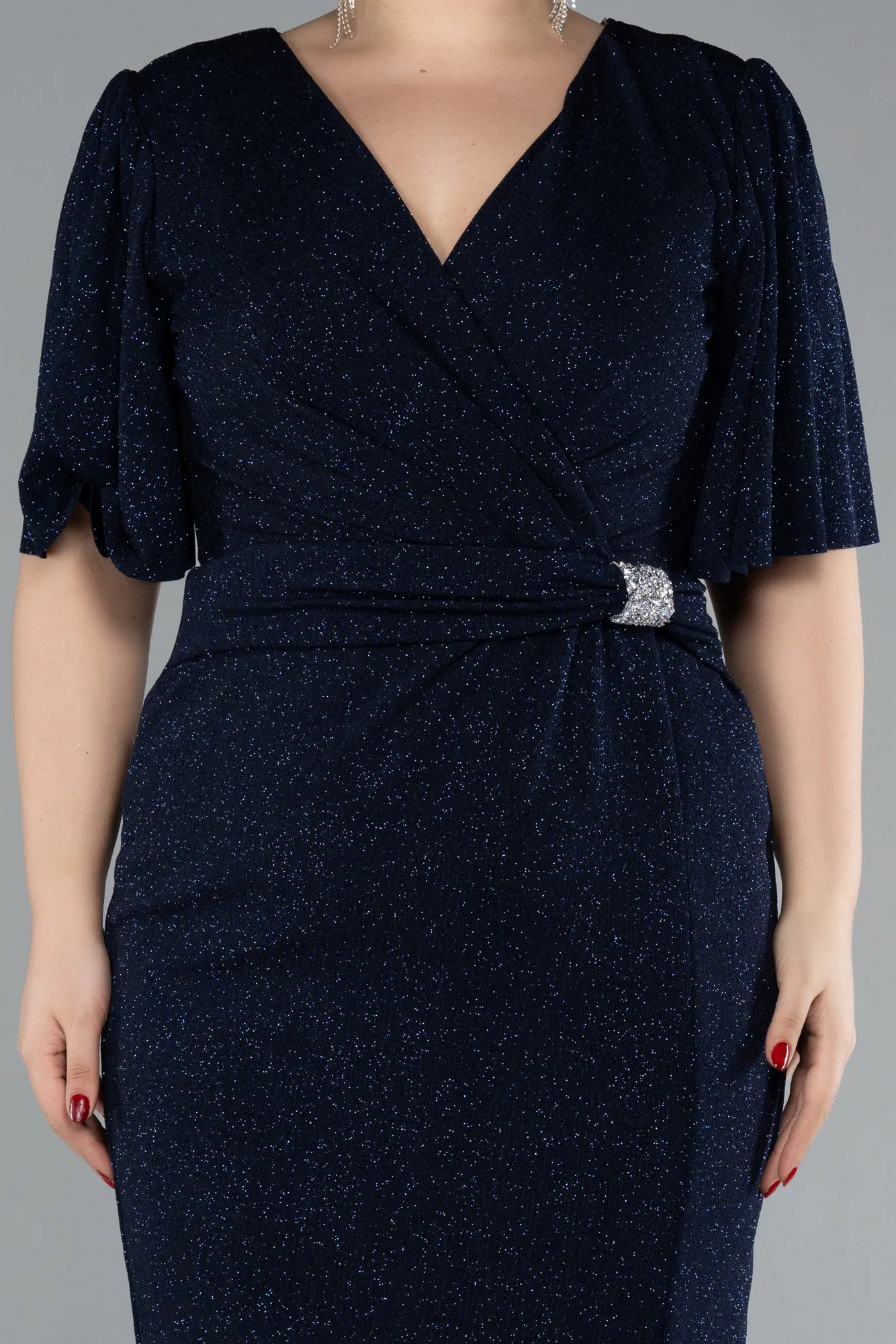 Navy Blue-Short Sleeve Glitter Midi Plus Size Cocktail Dress ABK2115