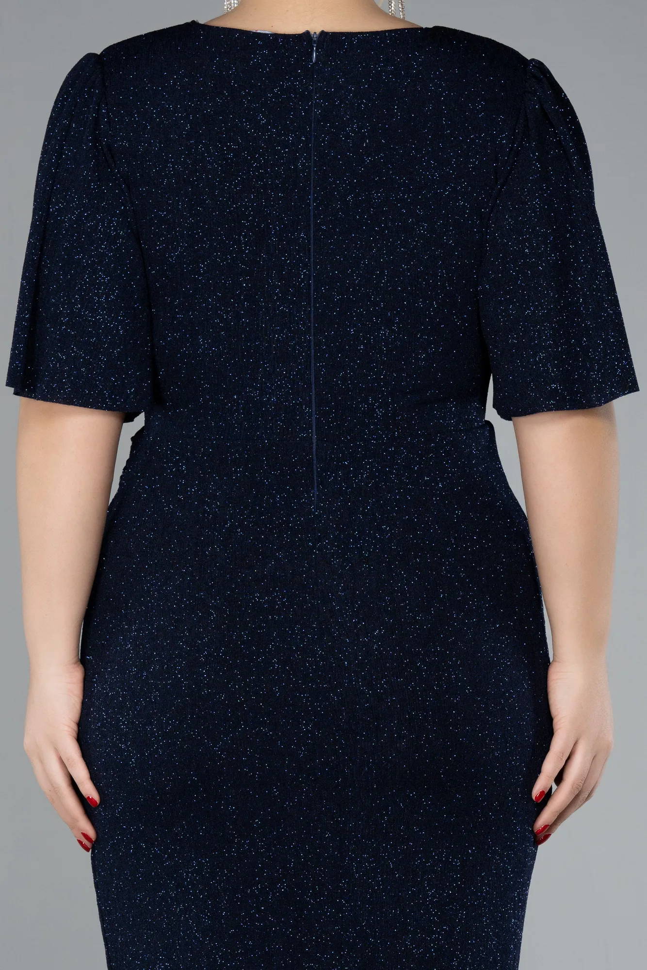 Navy Blue-Short Sleeve Glitter Midi Plus Size Cocktail Dress ABK2115