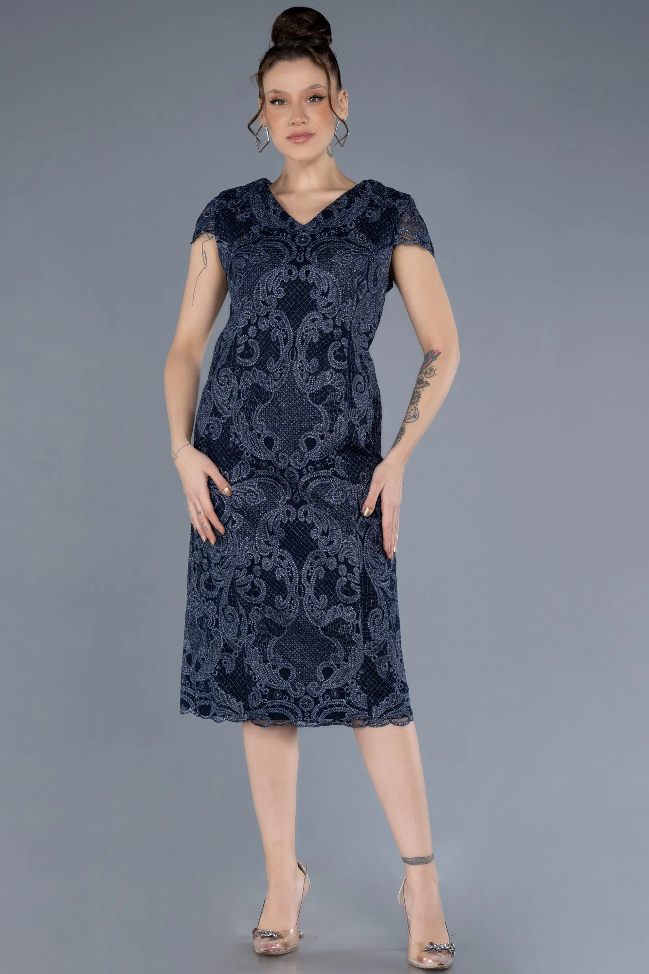 Navy Blue-Short Sleeve Guipure Midi Plus Size Invitation Dress ABK2229