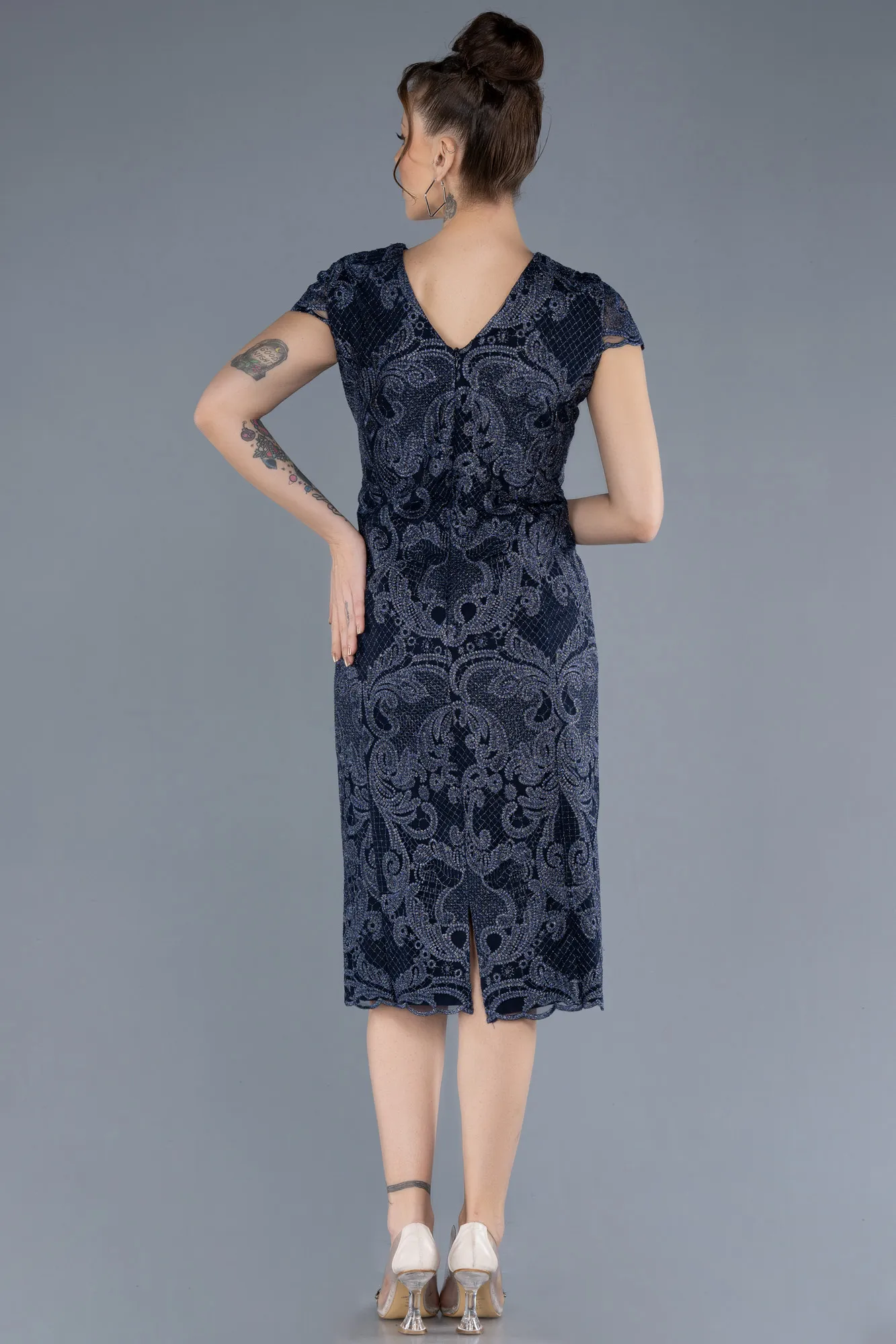 Navy Blue-Short Sleeve Guipure Midi Plus Size Invitation Dress ABK2229