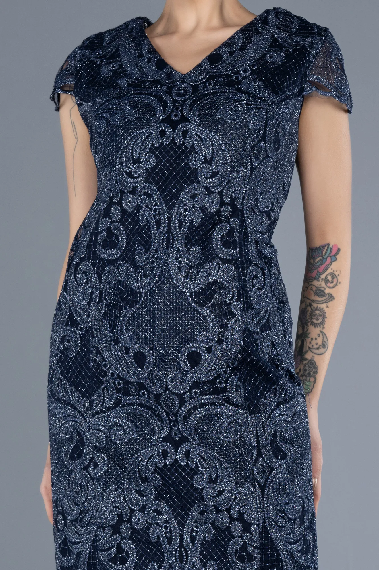 Navy Blue-Short Sleeve Guipure Midi Plus Size Invitation Dress ABK2229